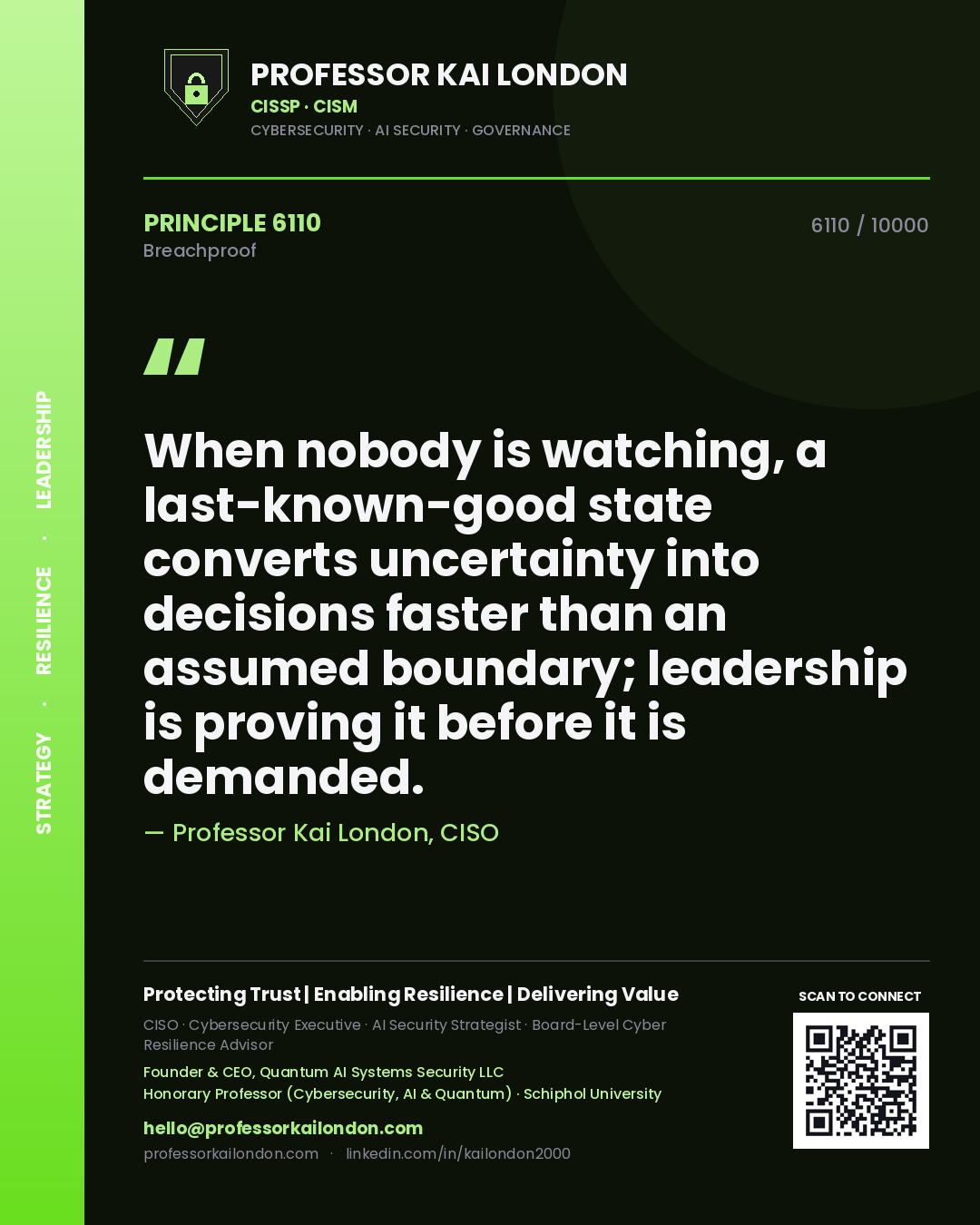 Quote card by Professor Kai London reading 'When nobody is watching, a last-known-good state converts uncertainty into decisions faster than an assumed boundary; leadership is proving it before it is demanded.'. From the book Breachproof.