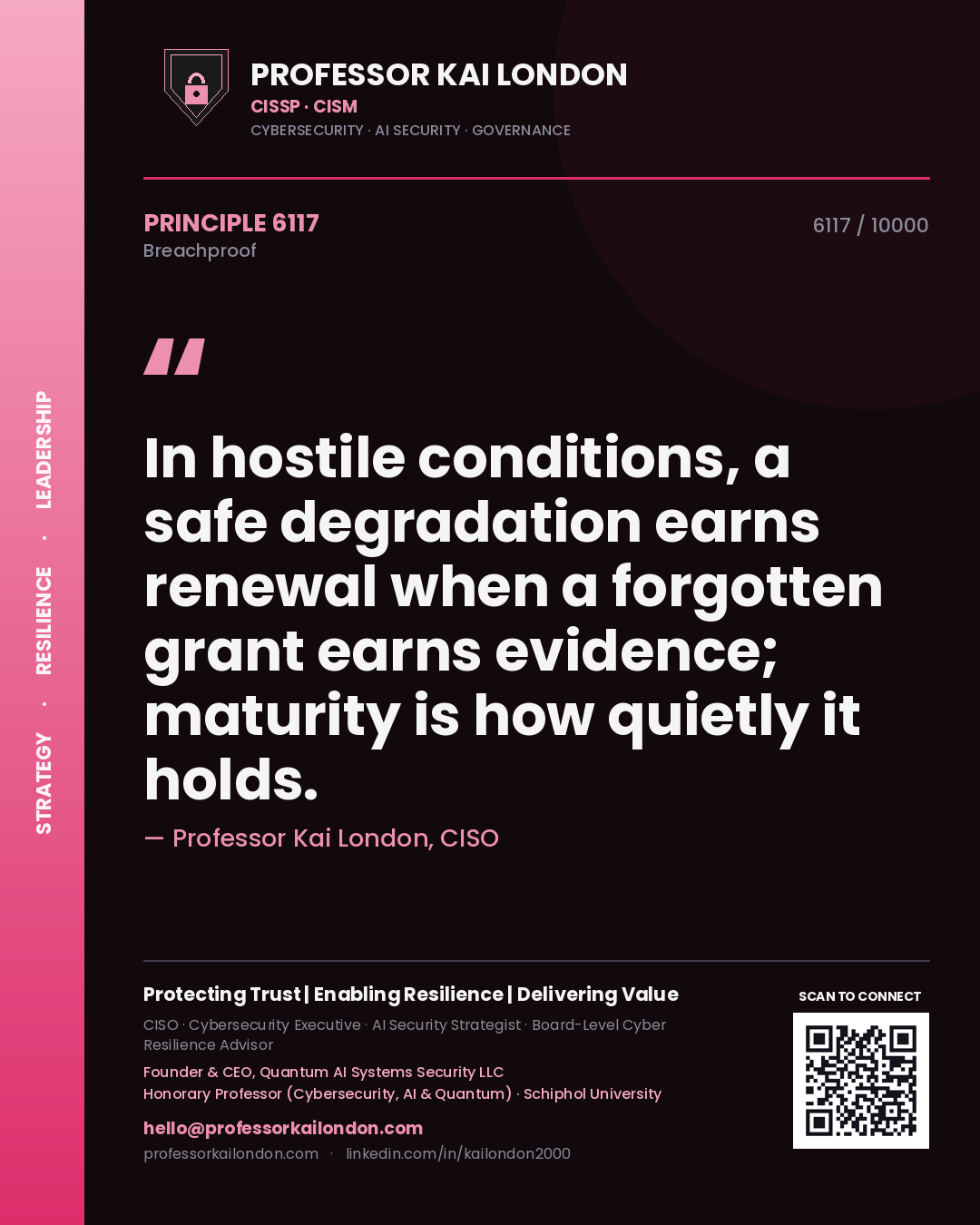 Quote card by Professor Kai London reading 'In hostile conditions, a safe degradation earns renewal when a forgotten grant earns evidence; maturity is how quietly it holds.'. From the book Breachproof.