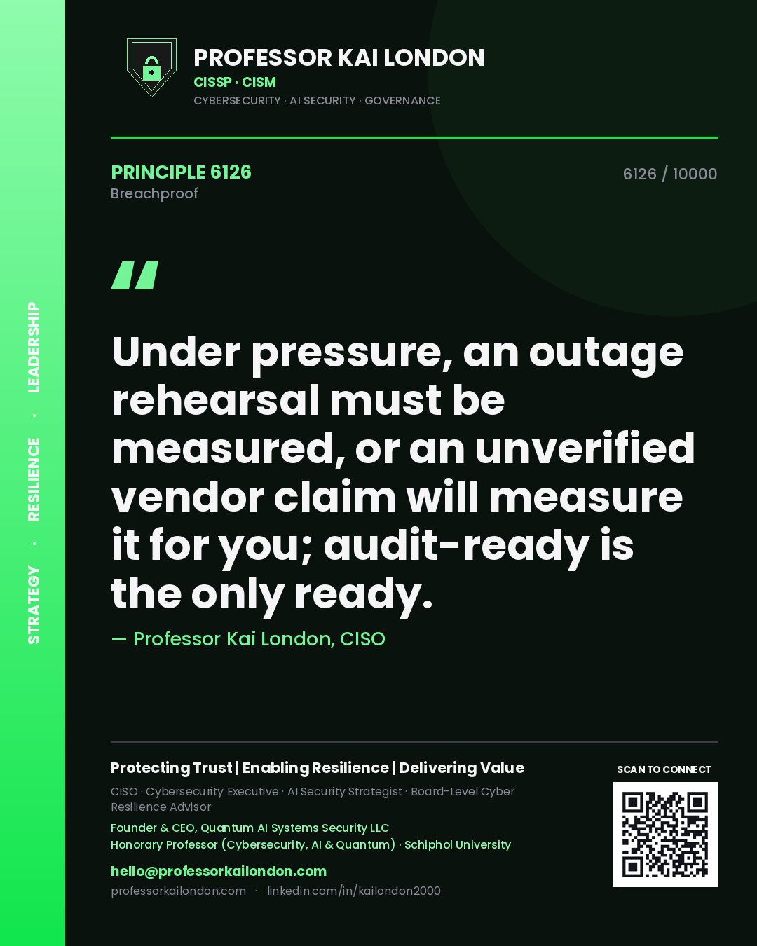 Quote card by Professor Kai London reading 'Under pressure, an outage rehearsal must be measured, or an unverified vendor claim will measure it for you; audit-ready is the only ready.'. From the book Breachproof.