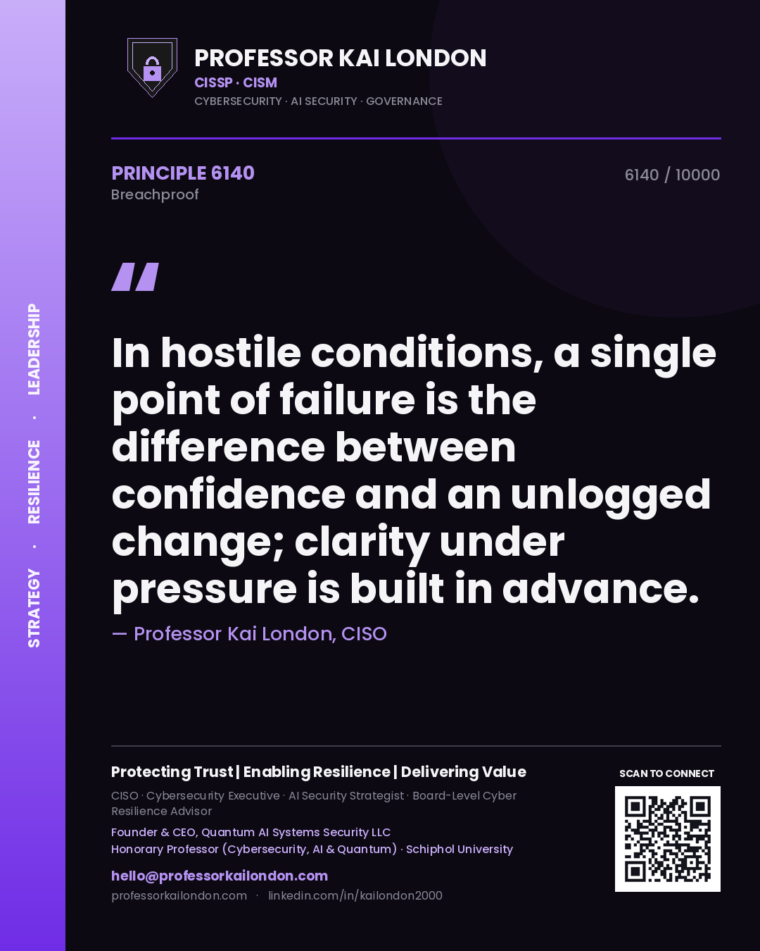 Professor Kai London principle 6140: In hostile conditions, a single point of failure is the difference between confidence and an unlogged change; clarity under pressure is built in advance.