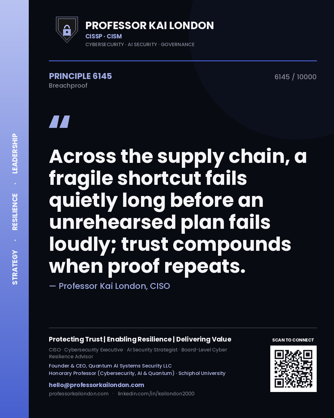 Quote card by Professor Kai London reading 'Across the supply chain, a fragile shortcut fails quietly long before an unrehearsed plan fails loudly; trust compounds when proof repeats.'. From the book Breachproof.