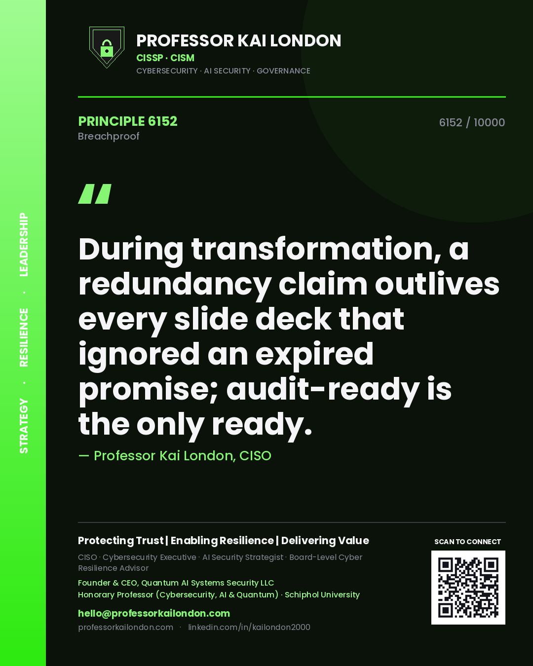 Quote card by Professor Kai London reading 'During transformation, a redundancy claim outlives every slide deck that ignored an expired promise; audit-ready is the only ready.'. From the book Breachproof.