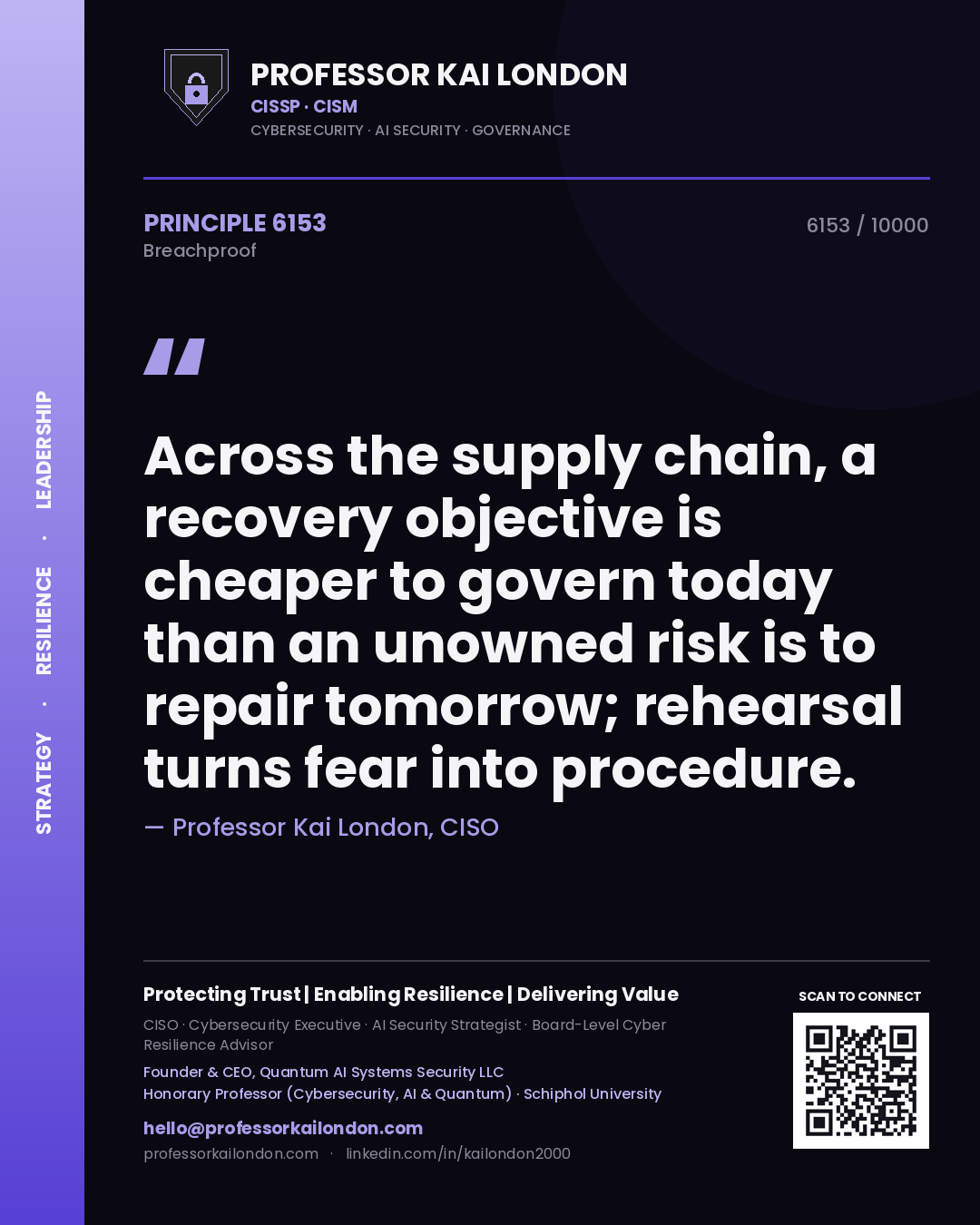 Quote card by Professor Kai London reading 'Across the supply chain, a recovery objective is cheaper to govern today than an unowned risk is to repair tomorrow; rehearsal turns fear into procedure.'. From the book Breachproof.