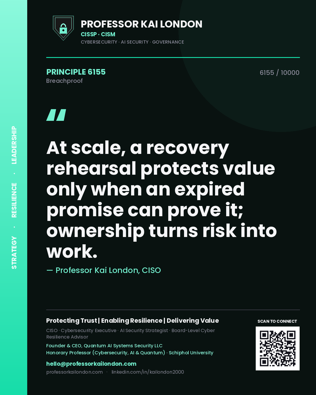 Quote card by Professor Kai London reading 'At scale, a recovery rehearsal protects value only when an expired promise can prove it; ownership turns risk into work.'. From the book Breachproof.