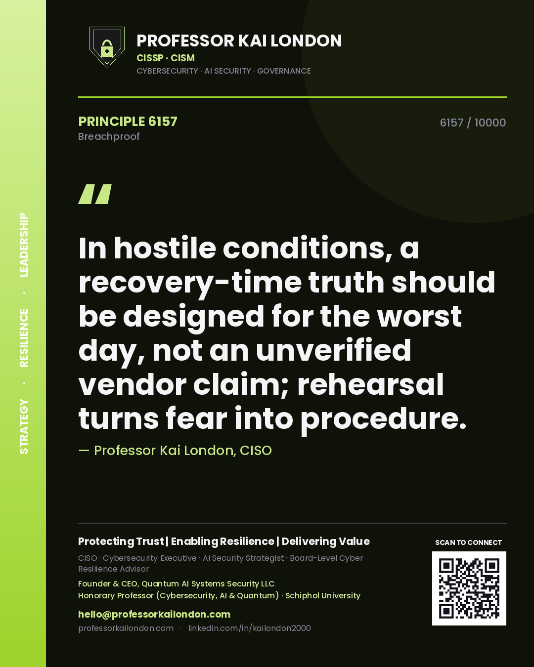 Quote card by Professor Kai London reading 'In hostile conditions, a recovery-time truth should be designed for the worst day, not an unverified vendor claim; rehearsal turns fear into procedure.'. From the book Breachproof.