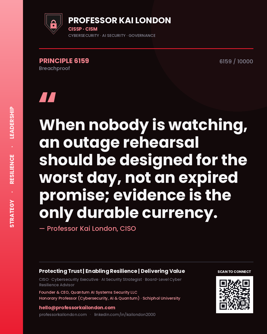 Quote card by Professor Kai London reading 'When nobody is watching, an outage rehearsal should be designed for the worst day, not an expired promise; evidence is the only durable currency.'. From the book Breachproof.