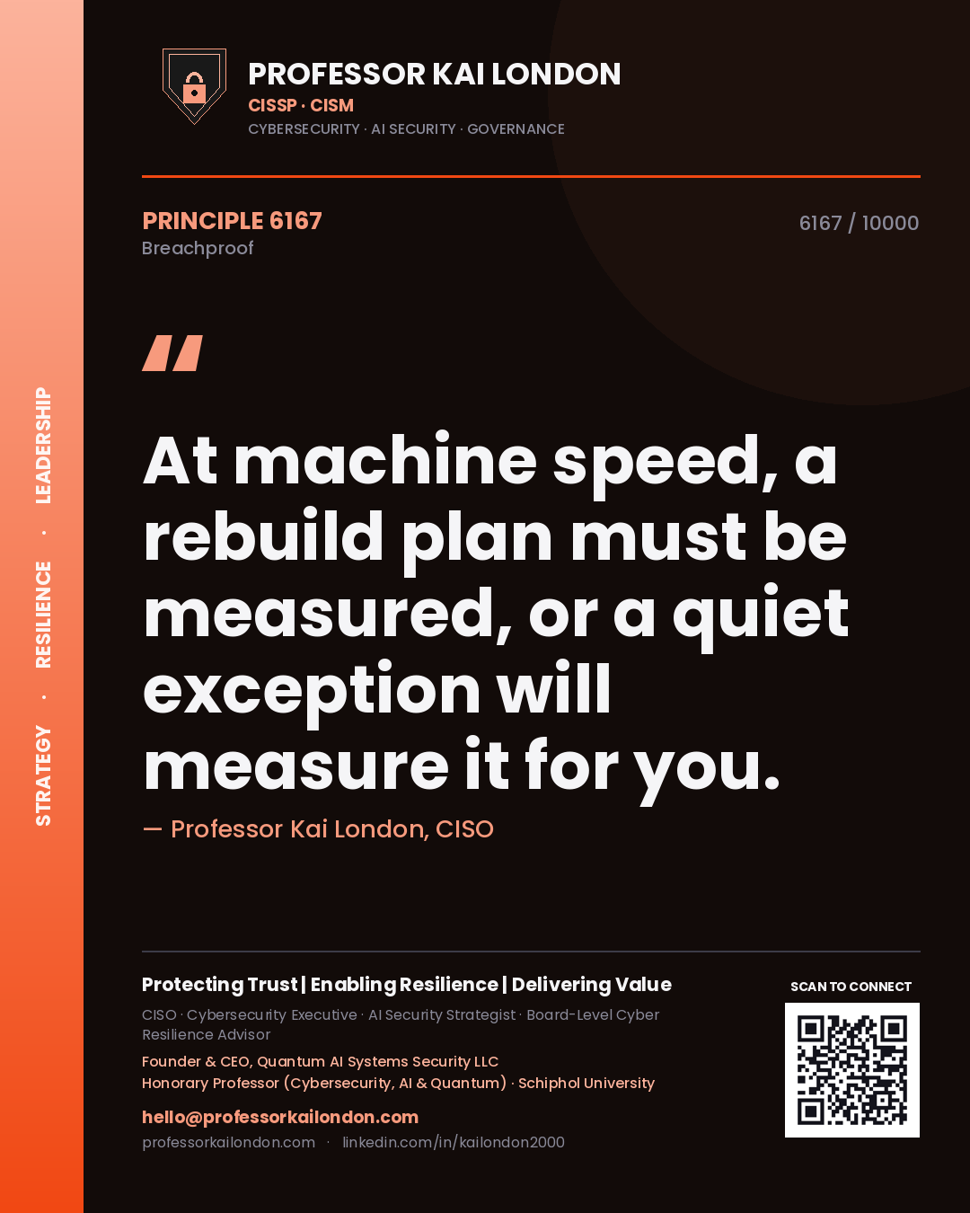 Quote card by Professor Kai London reading 'At machine speed, a rebuild plan must be measured, or a quiet exception will measure it for you.'. From the book Breachproof.