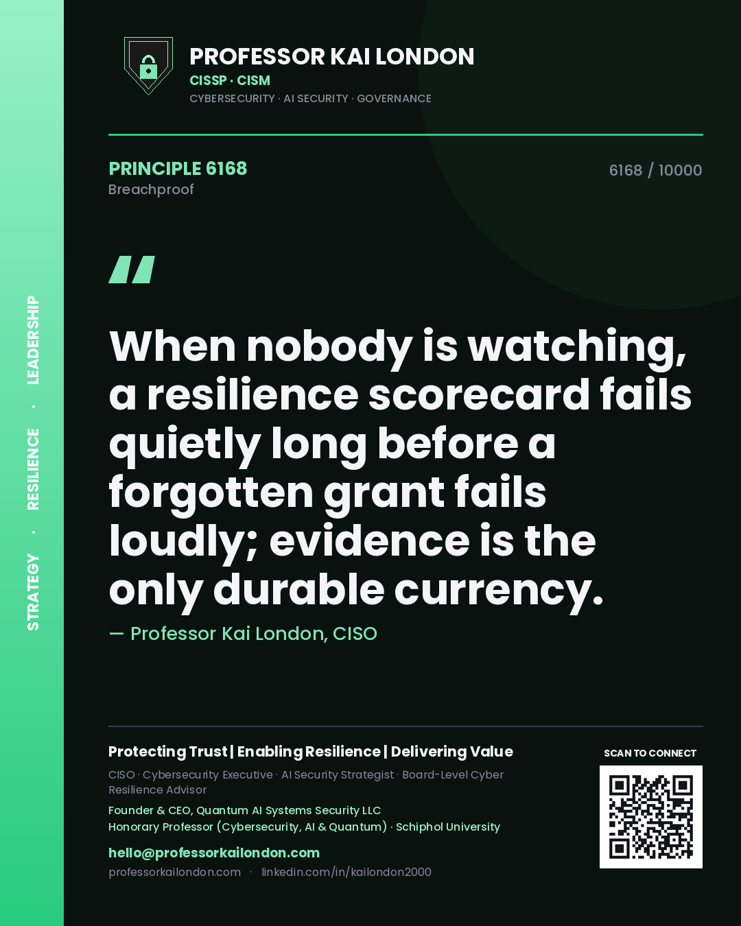 Quote card by Professor Kai London reading 'When nobody is watching, a resilience scorecard fails quietly long before a forgotten grant fails loudly; evidence is the only durable currency.'. From the book Breachproof.