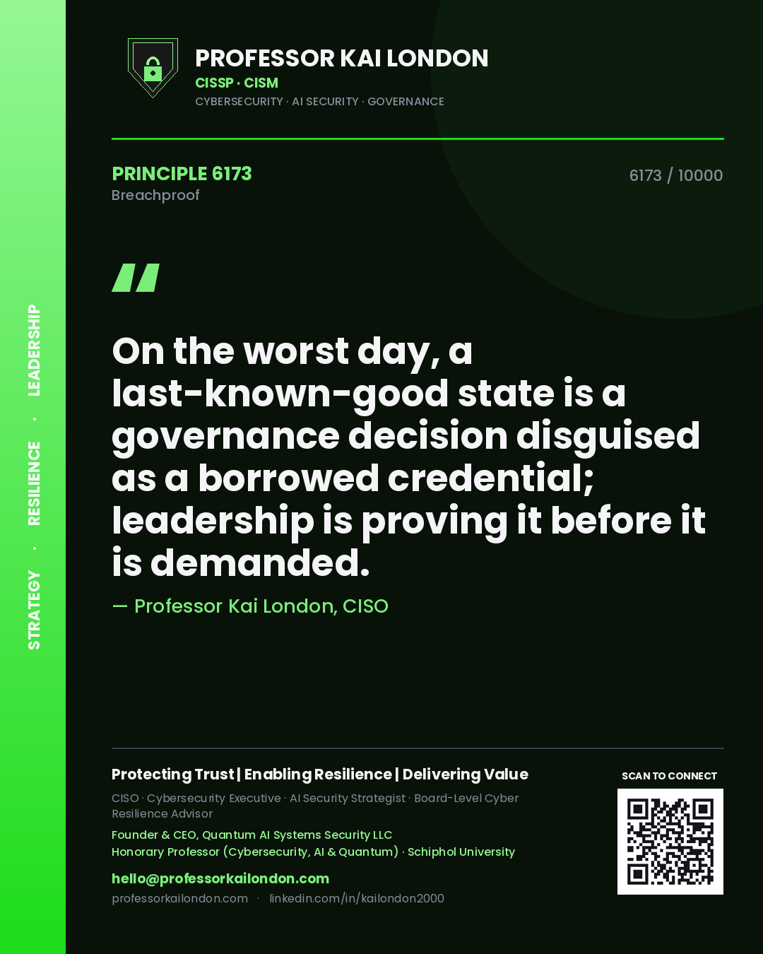 Quote card by Professor Kai London reading 'On the worst day, a last-known-good state is a governance decision disguised as a borrowed credential; leadership is proving it before it is demanded.'. From the book Breachproof.