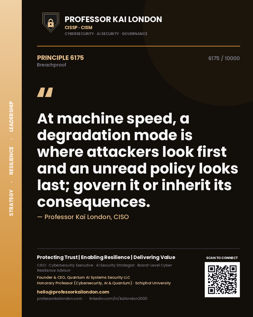 Quote card by Professor Kai London reading 'At machine speed, a degradation mode is where attackers look first and an unread policy looks last; govern it or inherit its consequences.'. From the book Breachproof.