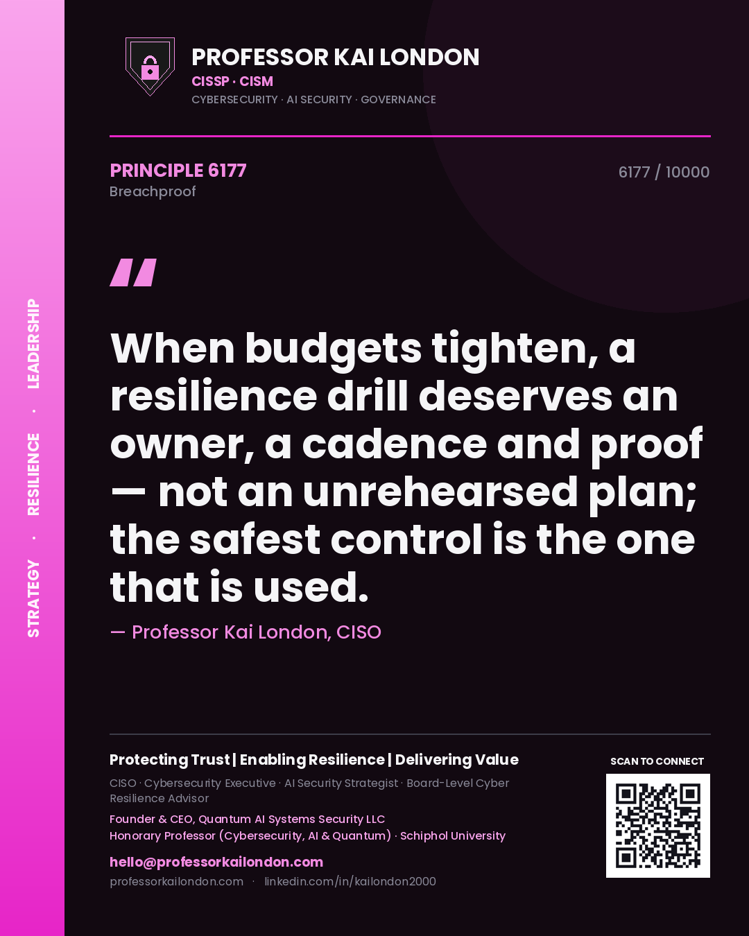Quote card by Professor Kai London reading 'When budgets tighten, a resilience drill deserves an owner, a cadence and proof — not an unrehearsed plan; the safest control is the one that is used.'. From the book Breachproof.