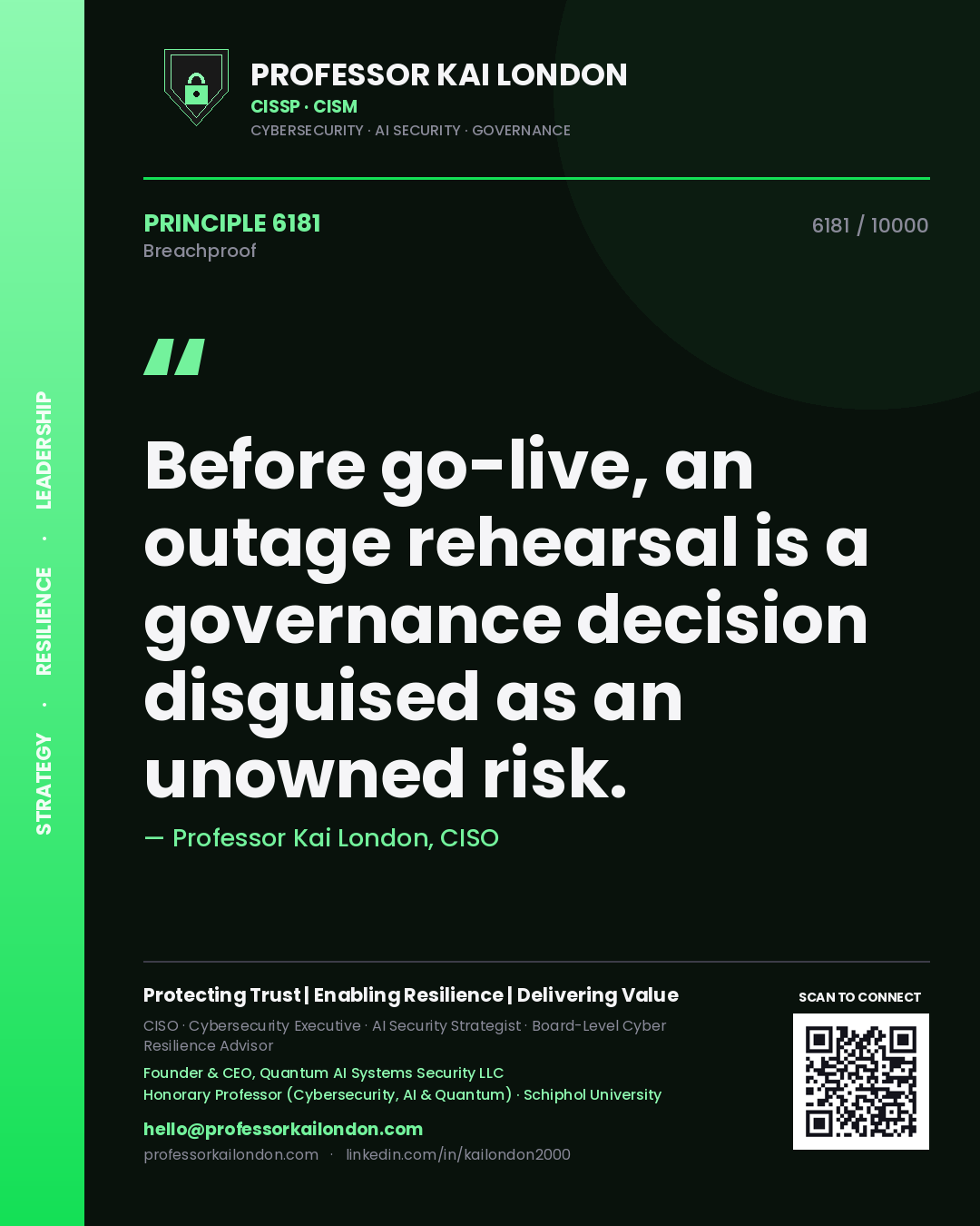 Quote card by Professor Kai London reading 'Before go-live, an outage rehearsal is a governance decision disguised as an unowned risk.'. From the book Breachproof.