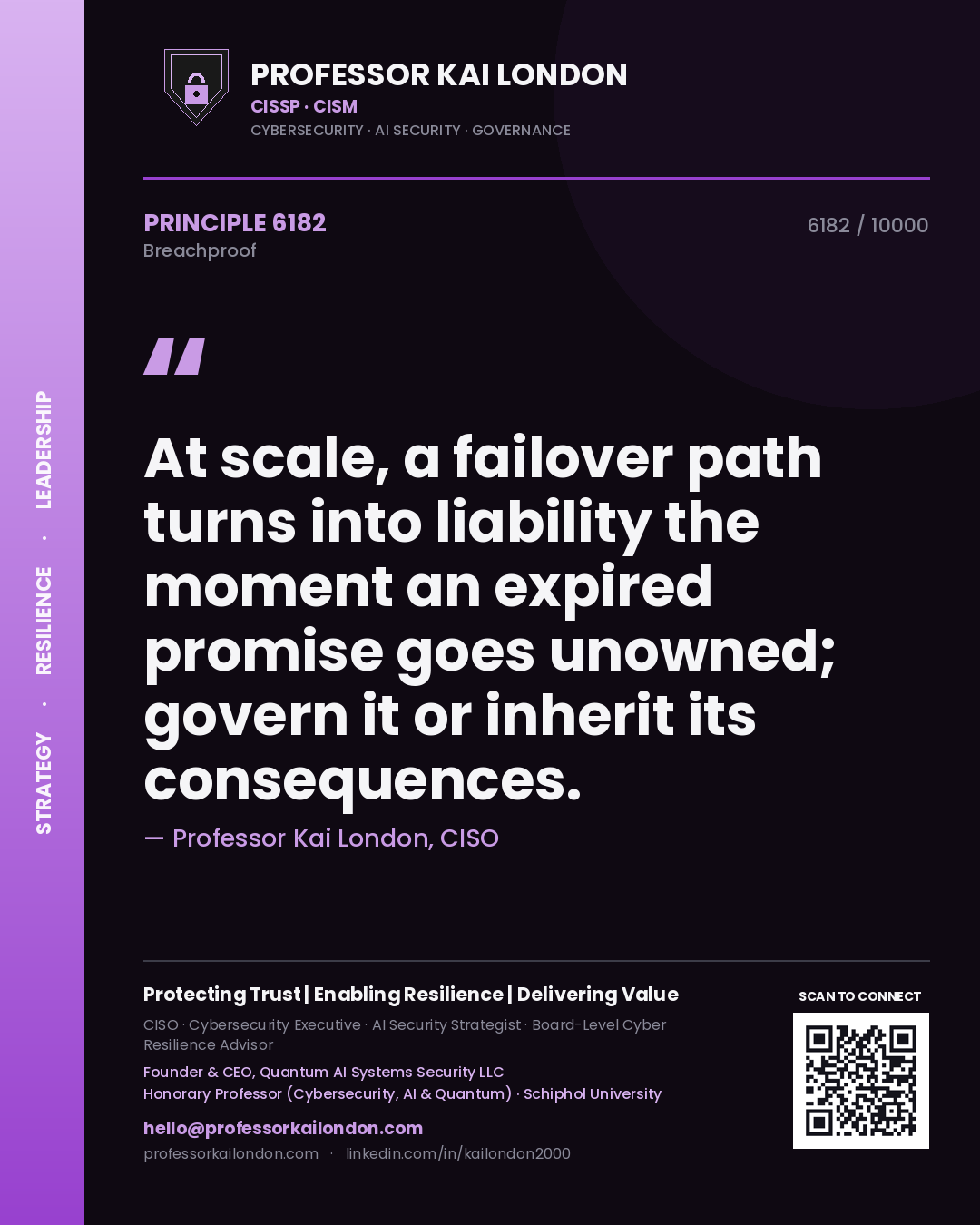 Quote card by Professor Kai London reading 'At scale, a failover path turns into liability the moment an expired promise goes unowned; govern it or inherit its consequences.'. From the book Breachproof.