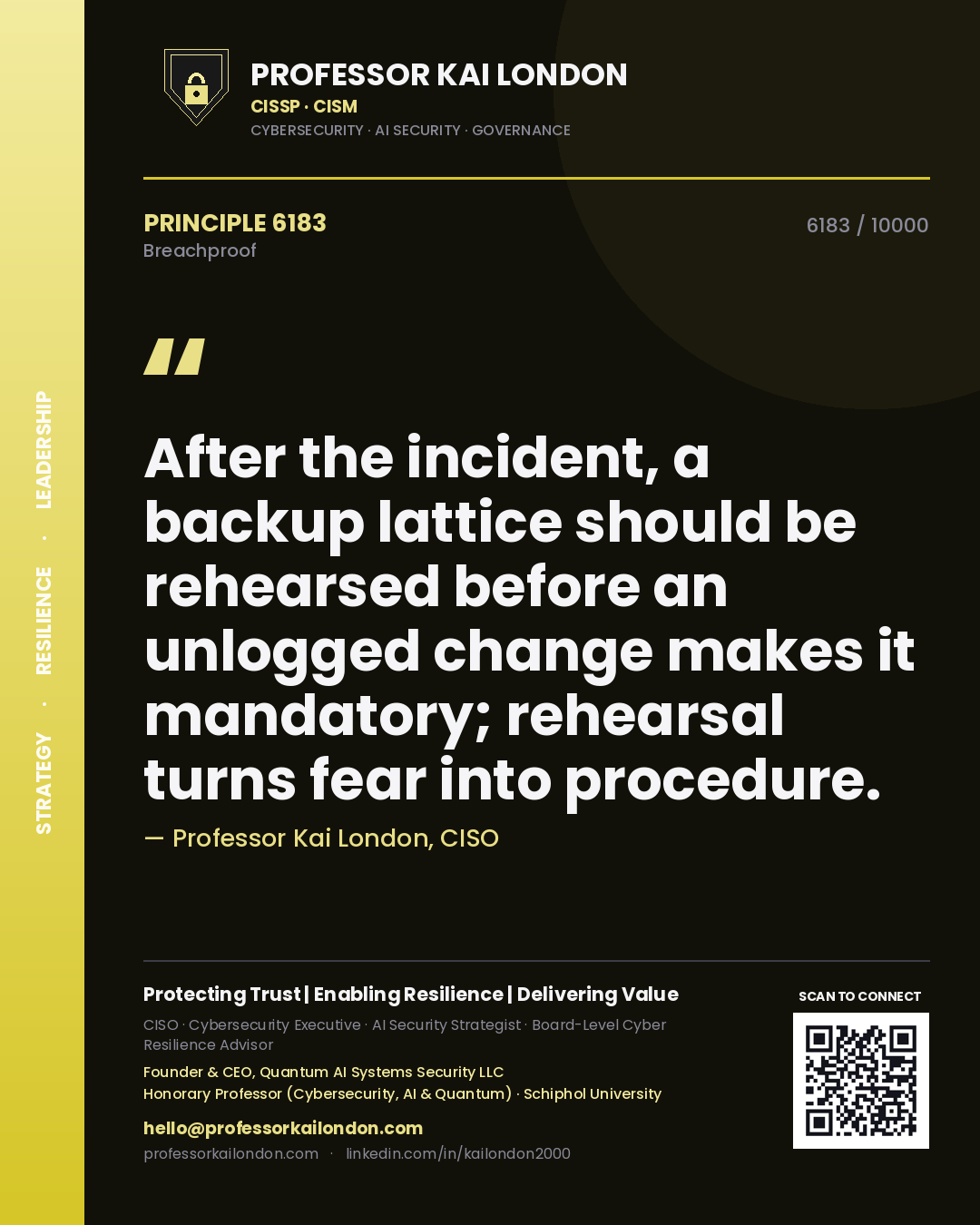Quote card by Professor Kai London reading 'After the incident, a backup lattice should be rehearsed before an unlogged change makes it mandatory; rehearsal turns fear into procedure.'. From the book Breachproof.