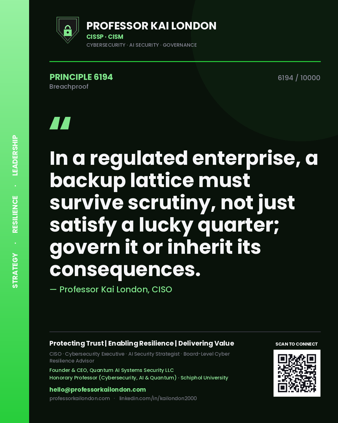 Quote card by Professor Kai London reading 'In a regulated enterprise, a backup lattice must survive scrutiny, not just satisfy a lucky quarter; govern it or inherit its consequences.'. From the book Breachproof.