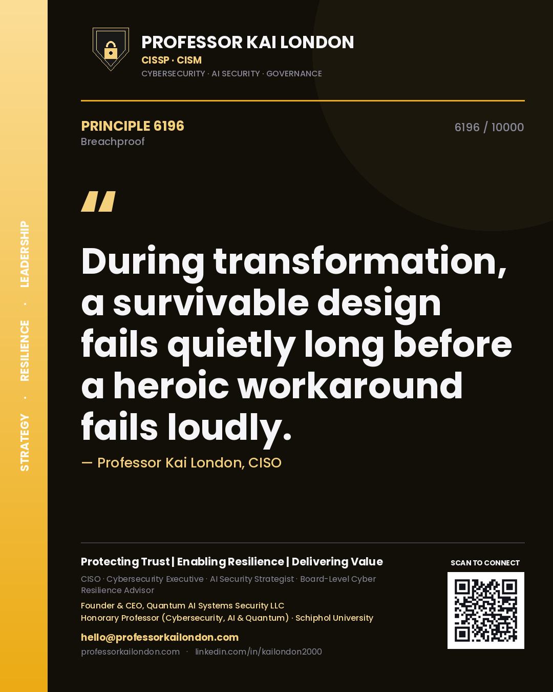 Quote card by Professor Kai London reading 'During transformation, a survivable design fails quietly long before a heroic workaround fails loudly.'. From the book Breachproof.