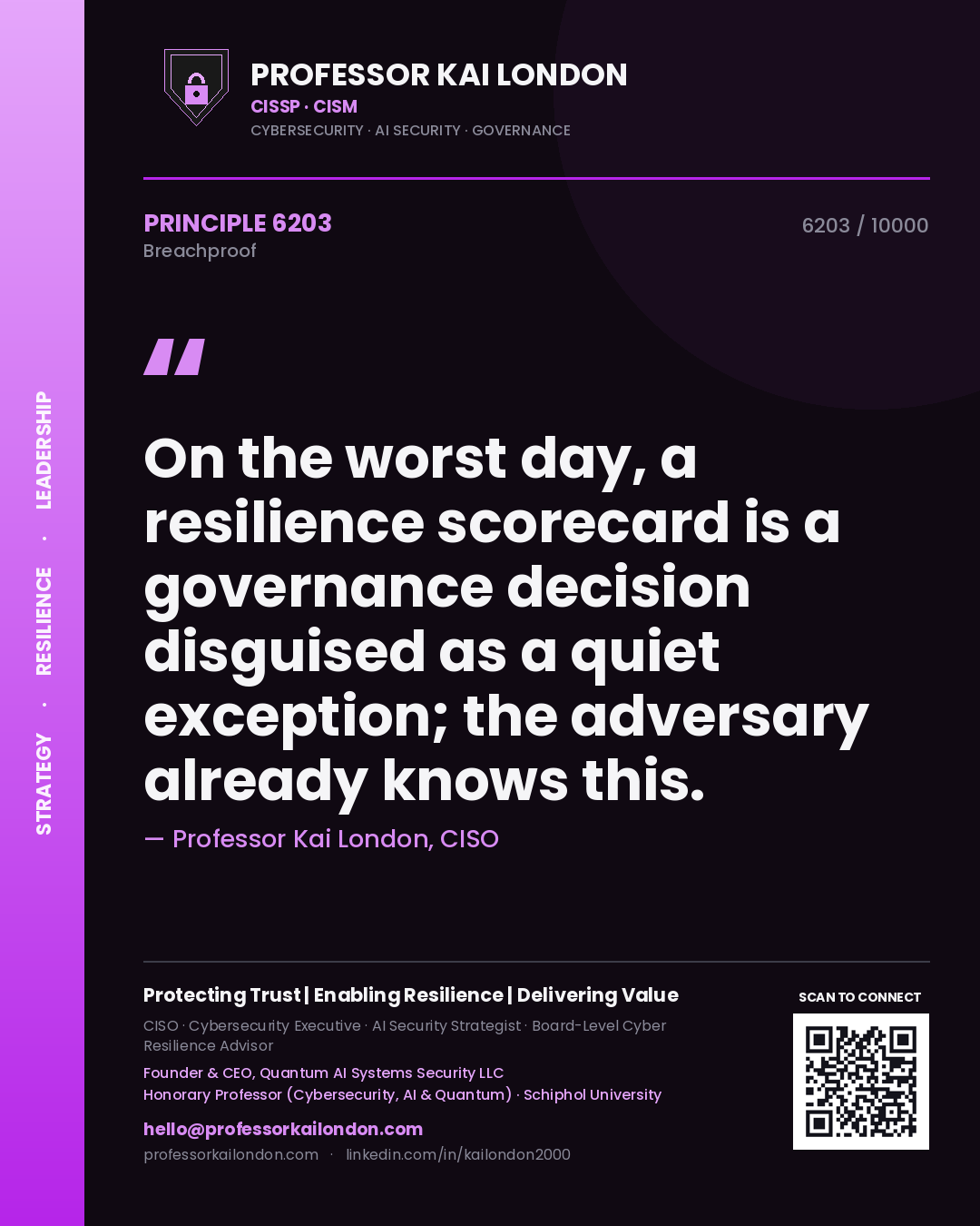 Quote card by Professor Kai London reading 'On the worst day, a resilience scorecard is a governance decision disguised as a quiet exception; the adversary already knows this.'. From the book Breachproof.