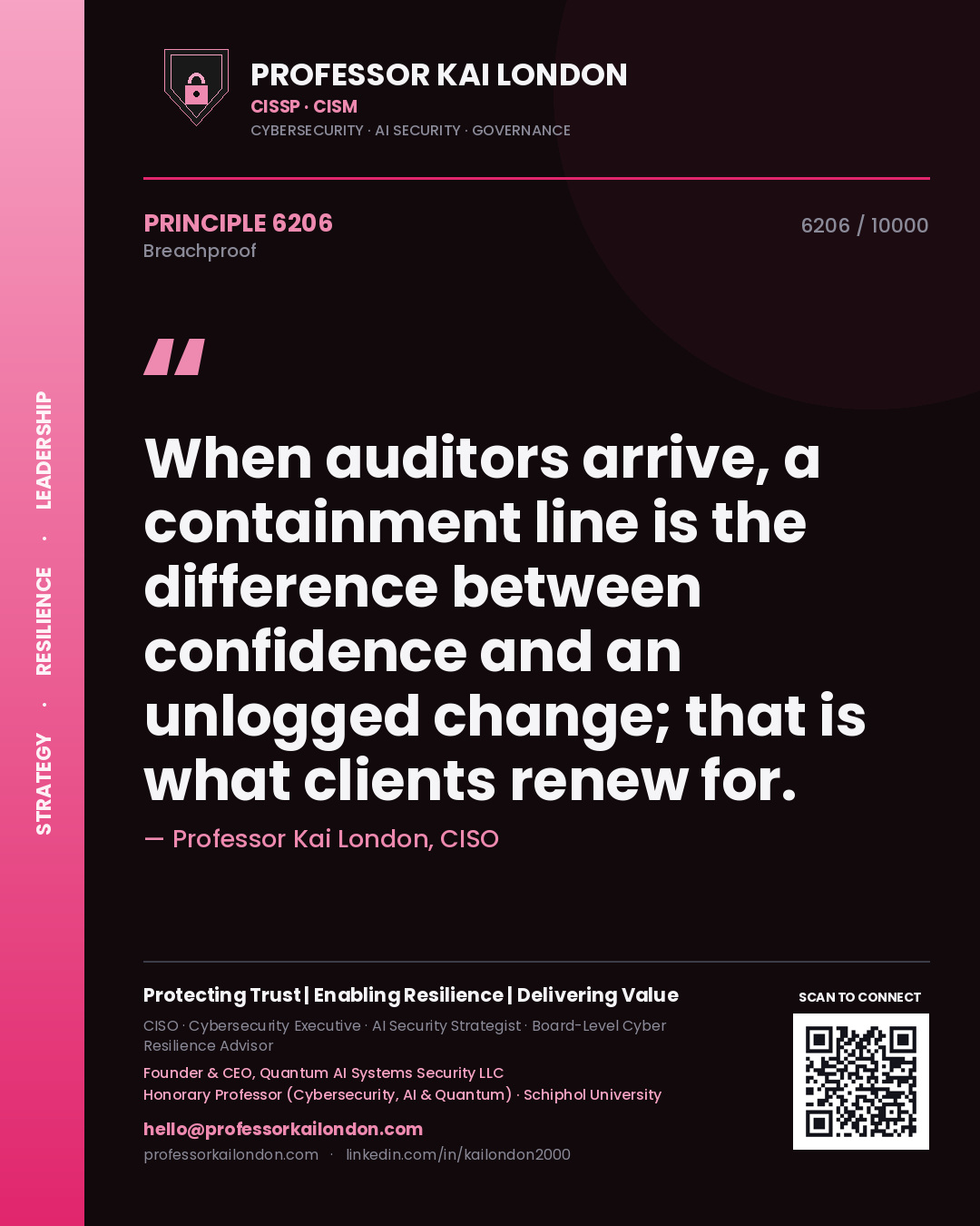 Quote card by Professor Kai London reading 'When auditors arrive, a containment line is the difference between confidence and an unlogged change; that is what clients renew for.'. From the book Breachproof.