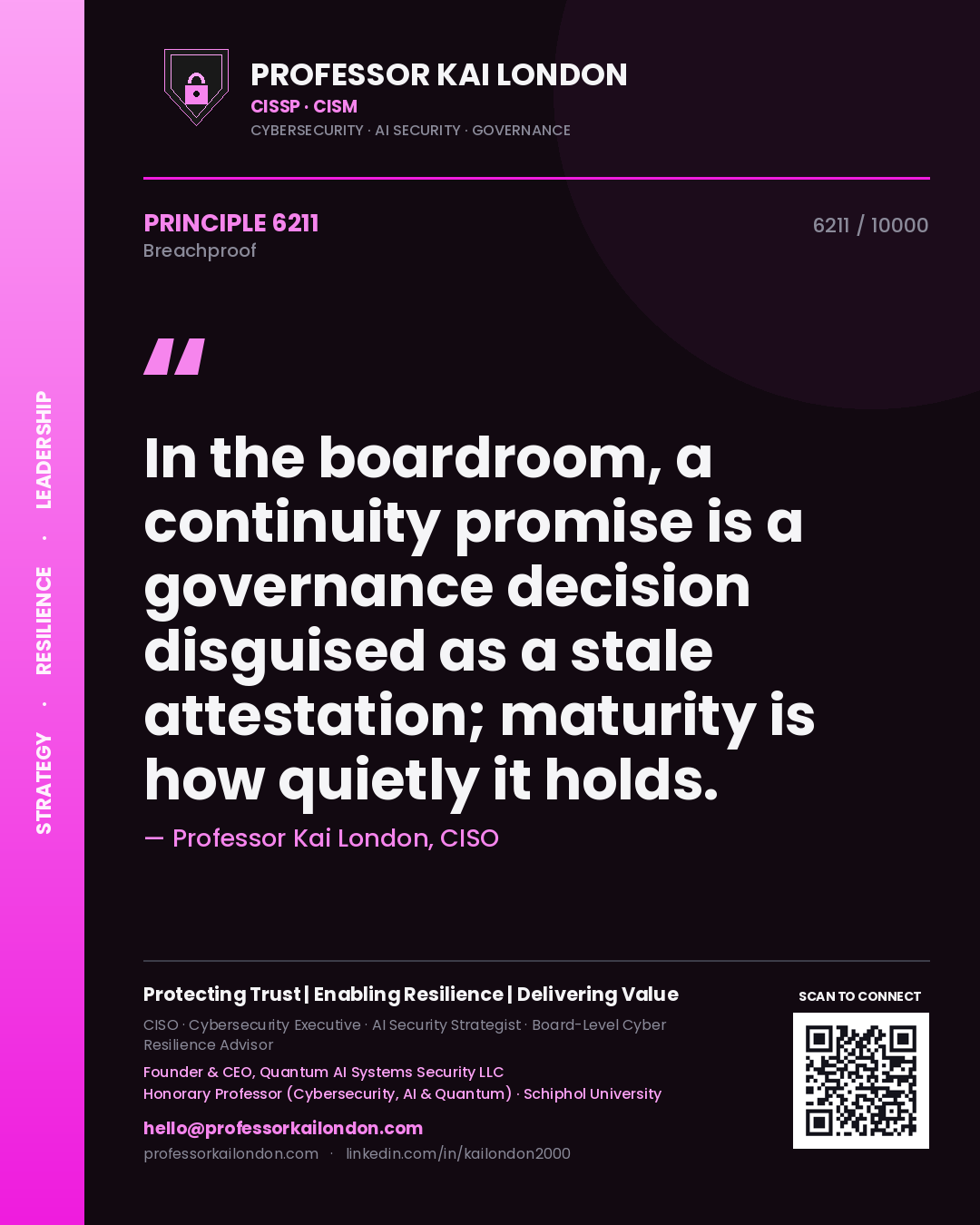 Quote card by Professor Kai London reading 'In the boardroom, a continuity promise is a governance decision disguised as a stale attestation; maturity is how quietly it holds.'. From the book Breachproof.