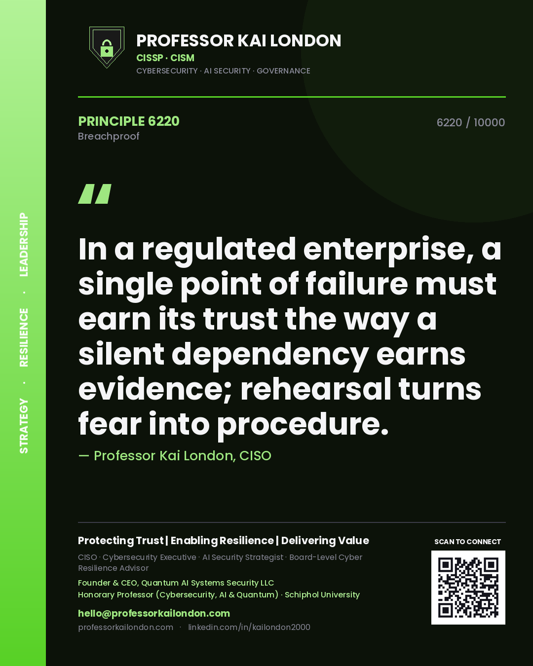 Quote card by Professor Kai London reading 'In a regulated enterprise, a single point of failure must earn its trust the way a silent dependency earns evidence; rehearsal turns fear into procedure.'. From the book Breachproof.