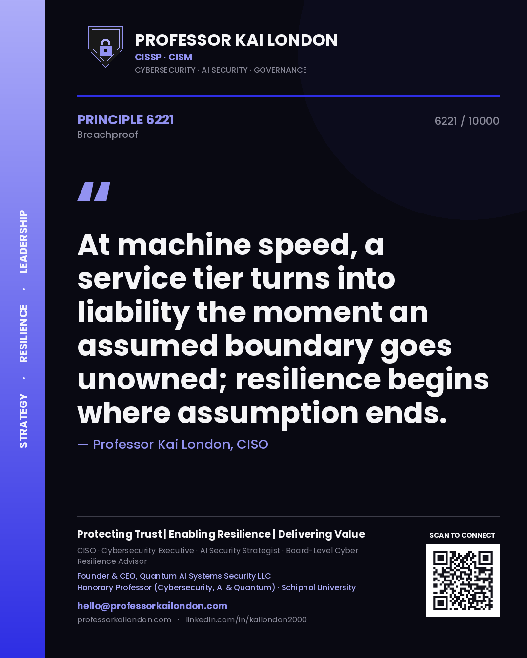 Quote card by Professor Kai London reading 'At machine speed, a service tier turns into liability the moment an assumed boundary goes unowned; resilience begins where assumption ends.'. From the book Breachproof.