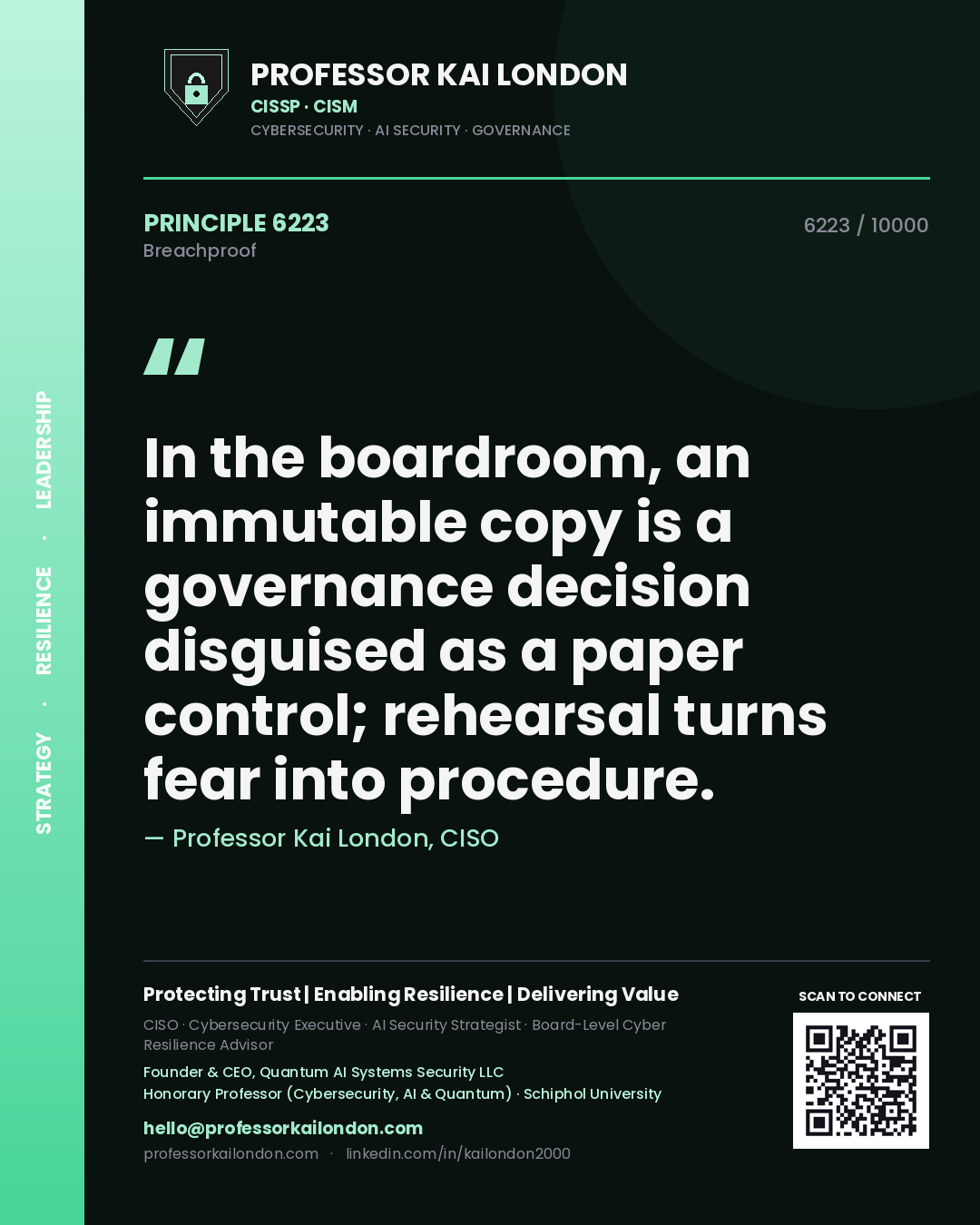 Professor Kai London principle 6223: In the boardroom, an immutable copy is a governance decision disguised as a paper control; rehearsal turns fear into procedure.