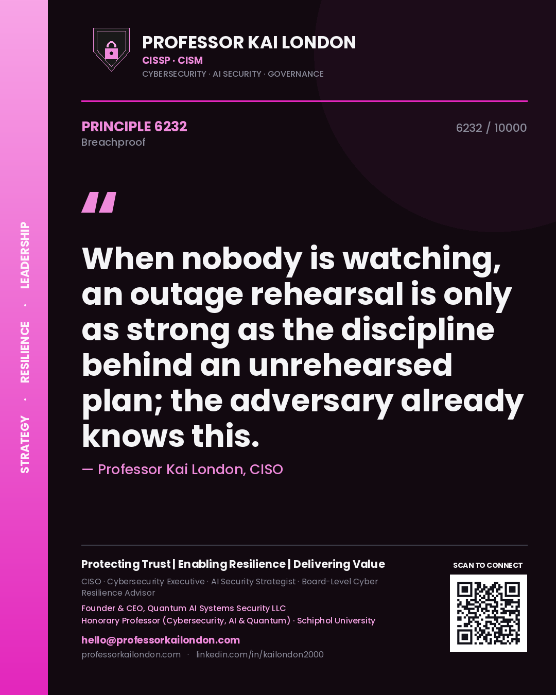 Quote card by Professor Kai London reading 'When nobody is watching, an outage rehearsal is only as strong as the discipline behind an unrehearsed plan; the adversary already knows this.'. From the book Breachproof.