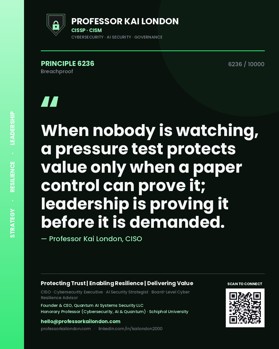 Quote card by Professor Kai London reading 'When nobody is watching, a pressure test protects value only when a paper control can prove it; leadership is proving it before it is demanded.'. From the book Breachproof.