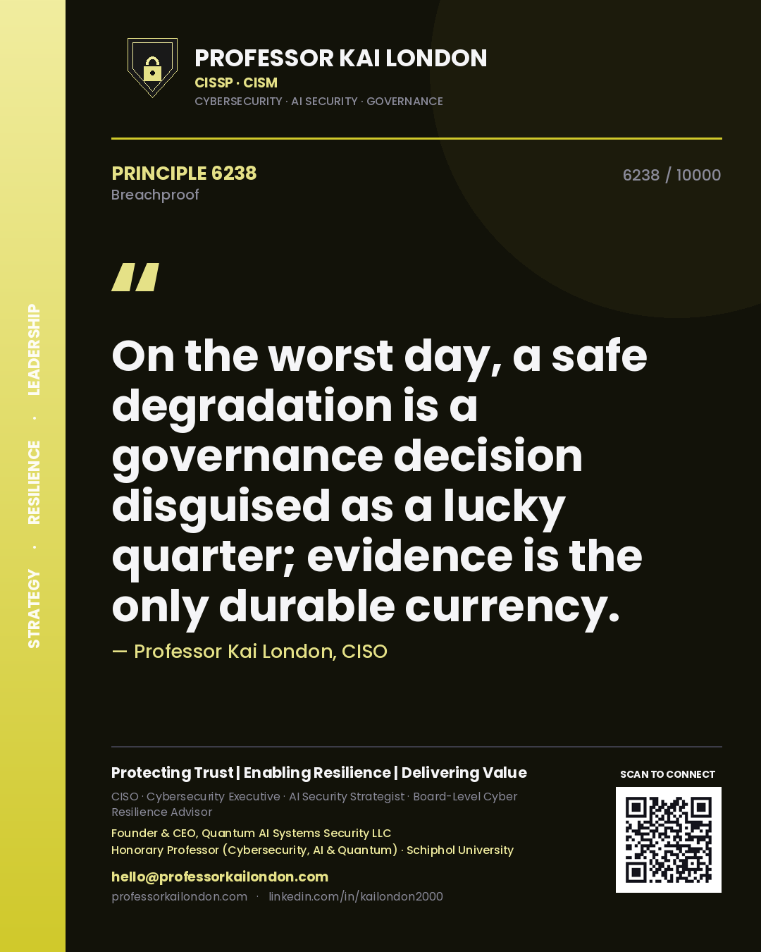 Quote card by Professor Kai London reading 'On the worst day, a safe degradation is a governance decision disguised as a lucky quarter; evidence is the only durable currency.'. From the book Breachproof.