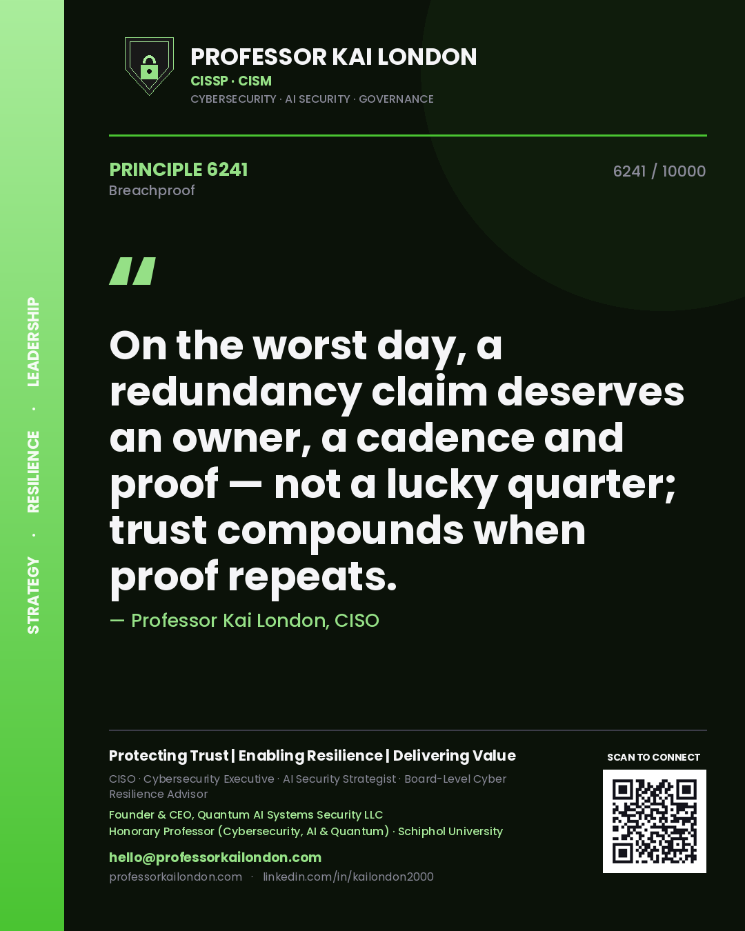 Quote card by Professor Kai London reading 'On the worst day, a redundancy claim deserves an owner, a cadence and proof — not a lucky quarter; trust compounds when proof repeats.'. From the book Breachproof.