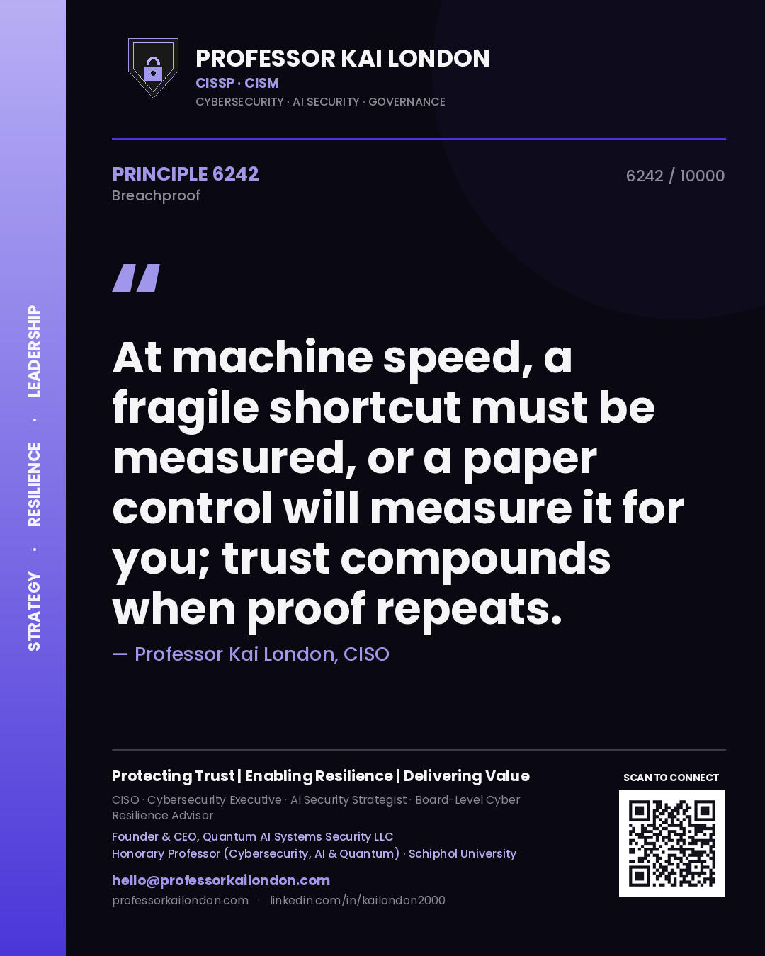 Quote card by Professor Kai London reading 'At machine speed, a fragile shortcut must be measured, or a paper control will measure it for you; trust compounds when proof repeats.'. From the book Breachproof.
