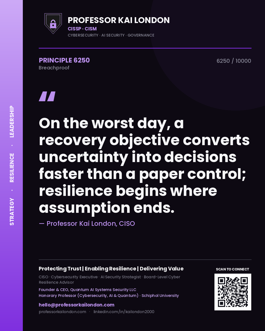 Professor Kai London principle 6250: On the worst day, a recovery objective converts uncertainty into decisions faster than a paper control; resilience begins where assumption ends.