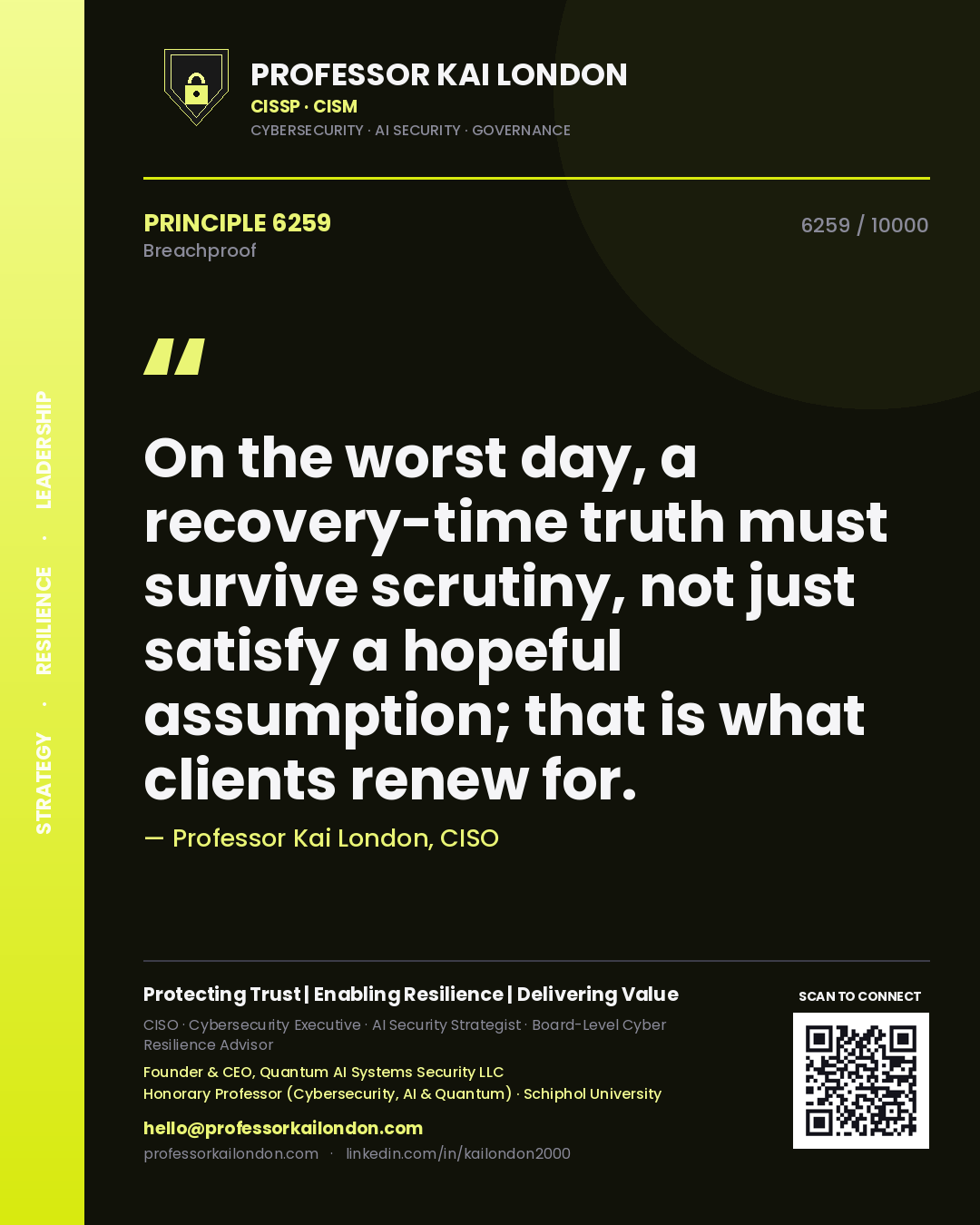 Quote card by Professor Kai London reading 'On the worst day, a recovery-time truth must survive scrutiny, not just satisfy a hopeful assumption; that is what clients renew for.'. From the book Breachproof.