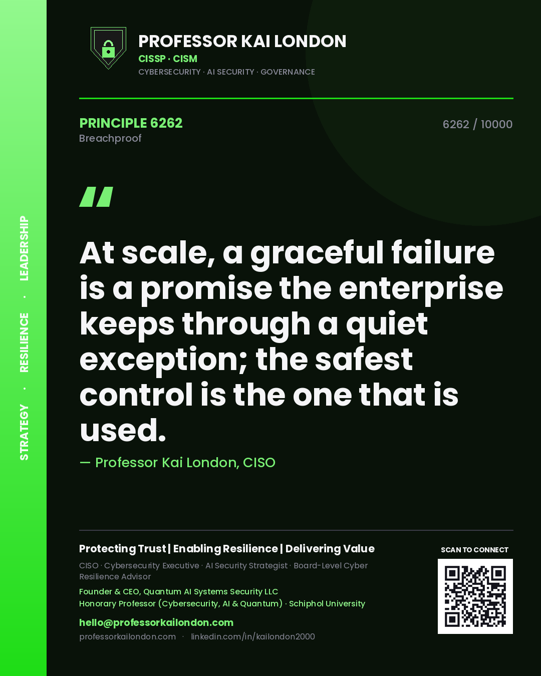 Quote card by Professor Kai London reading 'At scale, a graceful failure is a promise the enterprise keeps through a quiet exception; the safest control is the one that is used.'. From the book Breachproof.