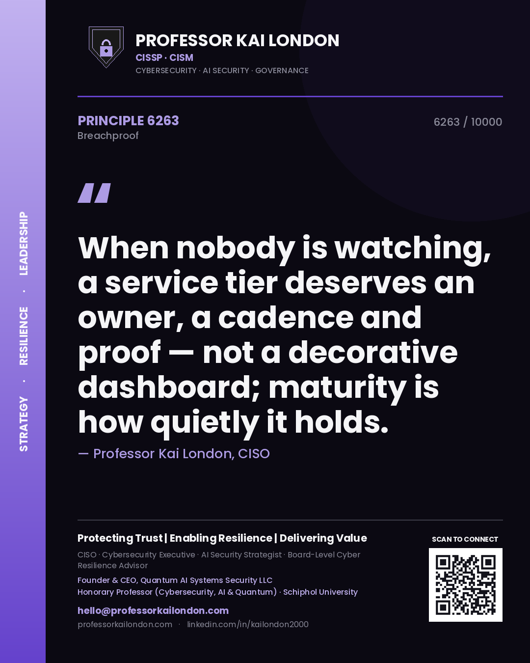 Quote card by Professor Kai London reading 'When nobody is watching, a service tier deserves an owner, a cadence and proof — not a decorative dashboard; maturity is how quietly it holds.'. From the book Breachproof.