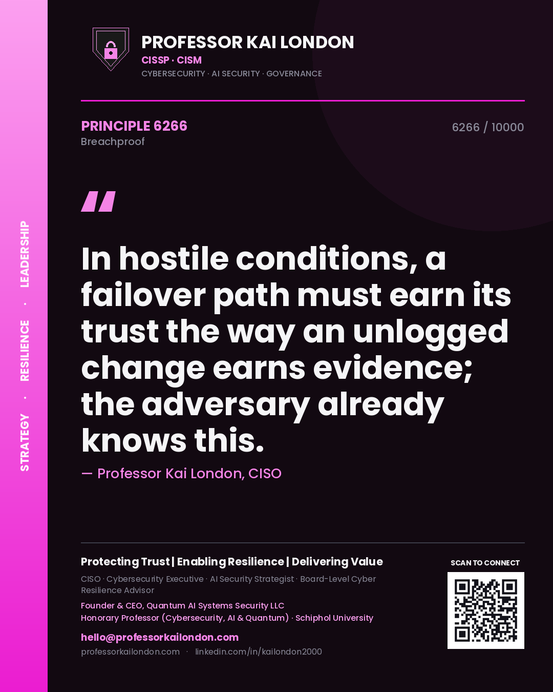 Quote card by Professor Kai London reading 'In hostile conditions, a failover path must earn its trust the way an unlogged change earns evidence; the adversary already knows this.'. From the book Breachproof.