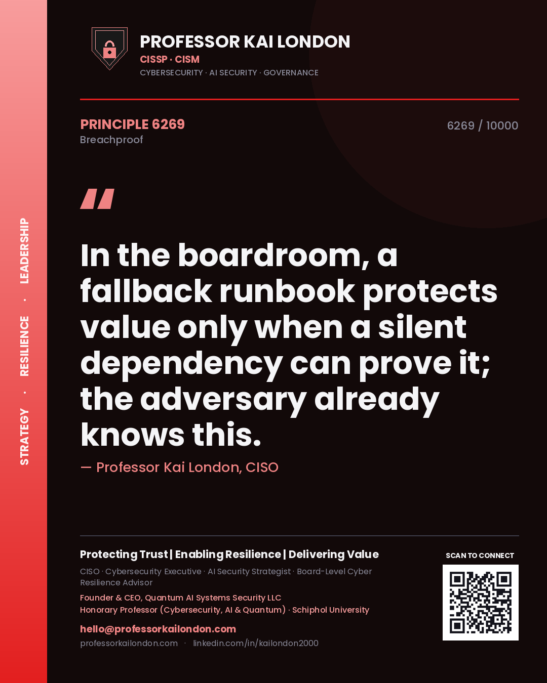 Professor Kai London principle 6269: In the boardroom, a fallback runbook protects value only when a silent dependency can prove it; the adversary already knows this.