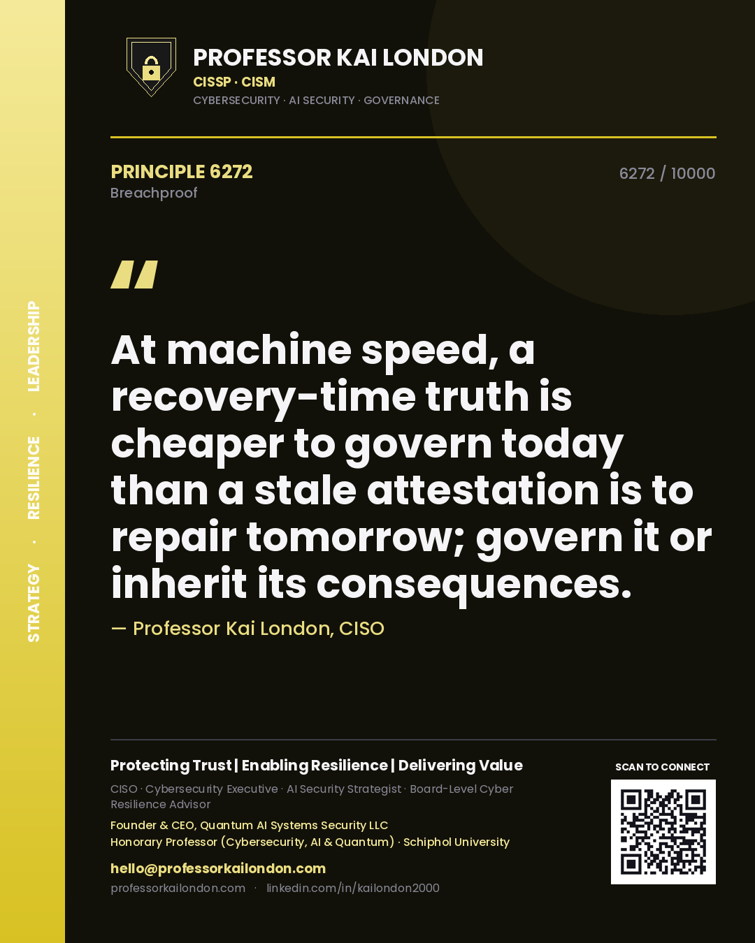 Quote card by Professor Kai London reading 'At machine speed, a recovery-time truth is cheaper to govern today than a stale attestation is to repair tomorrow; govern it or inherit its consequences.'. From the book Breachproof.