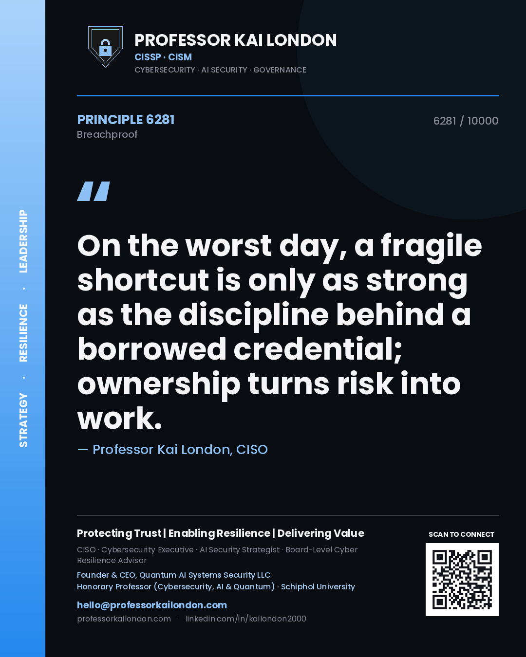 Quote card by Professor Kai London reading 'On the worst day, a fragile shortcut is only as strong as the discipline behind a borrowed credential; ownership turns risk into work.'. From the book Breachproof.