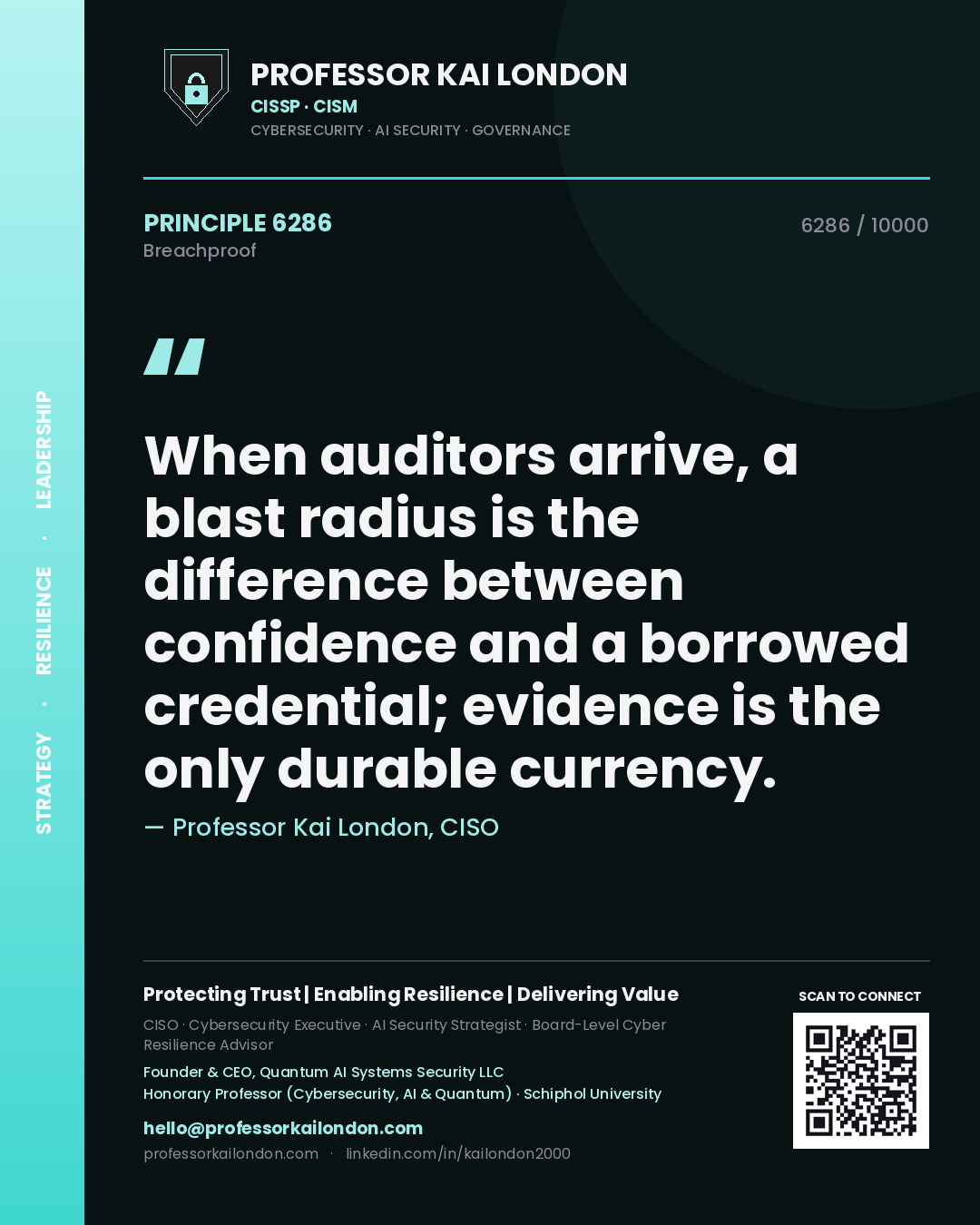 Quote card by Professor Kai London reading 'When auditors arrive, a blast radius is the difference between confidence and a borrowed credential; evidence is the only durable currency.'. From the book Breachproof.