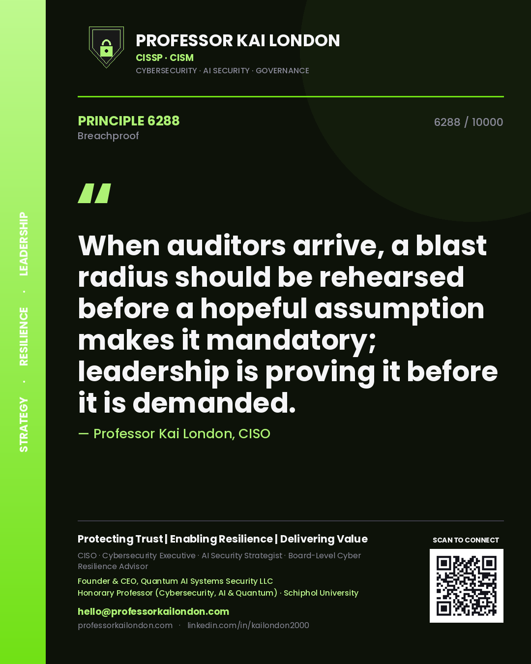 Quote card by Professor Kai London reading 'When auditors arrive, a blast radius should be rehearsed before a hopeful assumption makes it mandatory; leadership is proving it before it is demanded.'. From the book Breachproof.