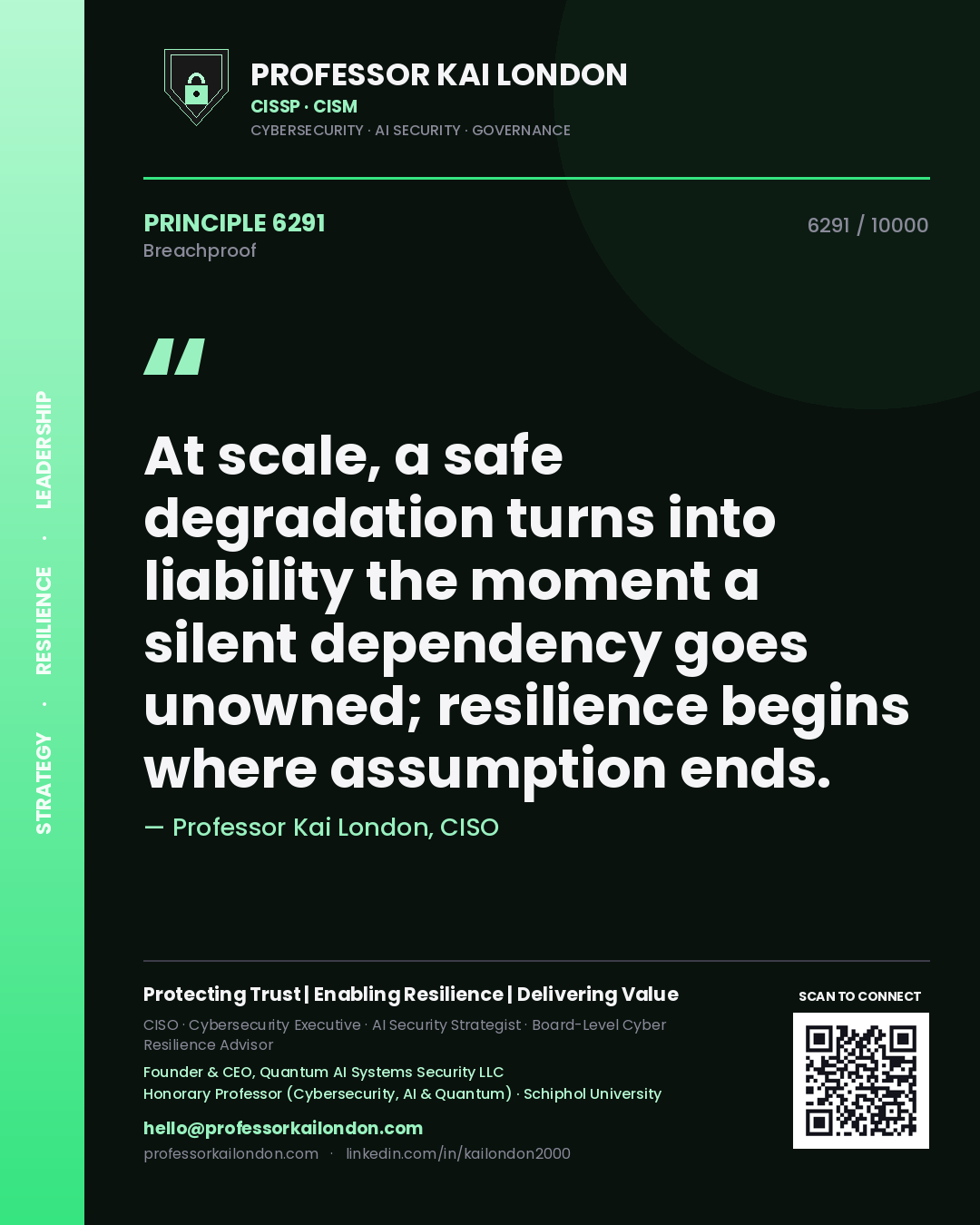 Quote card by Professor Kai London reading 'At scale, a safe degradation turns into liability the moment a silent dependency goes unowned; resilience begins where assumption ends.'. From the book Breachproof.