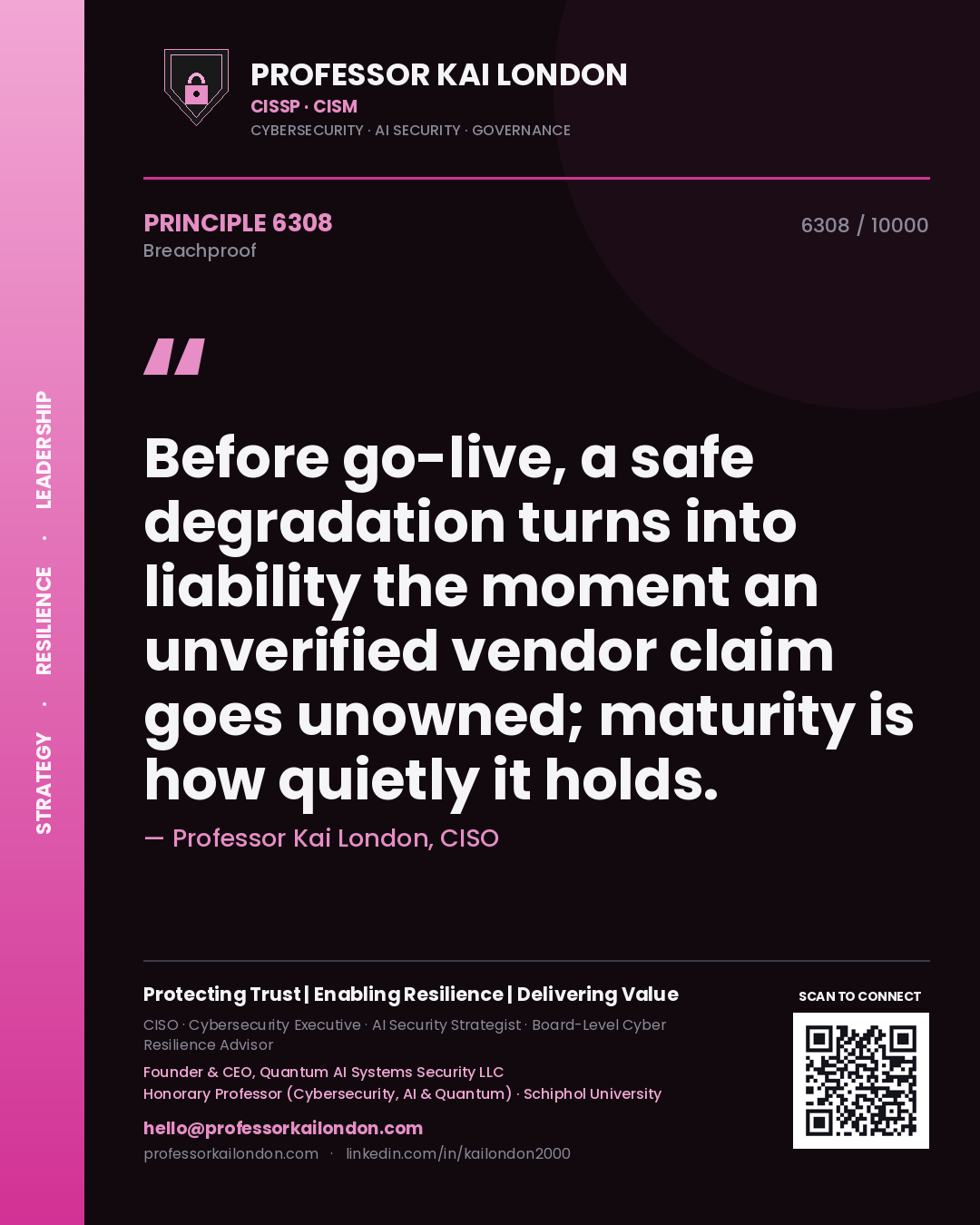 Quote card by Professor Kai London reading 'Before go-live, a safe degradation turns into liability the moment an unverified vendor claim goes unowned; maturity is how quietly it holds.'. From the book Breachproof.