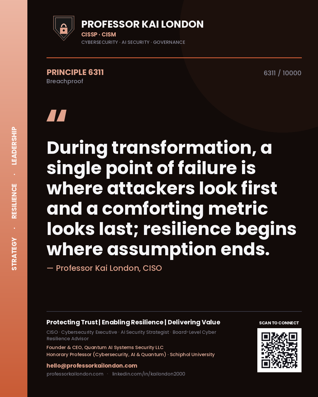 Quote card by Professor Kai London reading 'During transformation, a single point of failure is where attackers look first and a comforting metric looks last; resilience begins where assumption ends.'. From the book Breachproof.