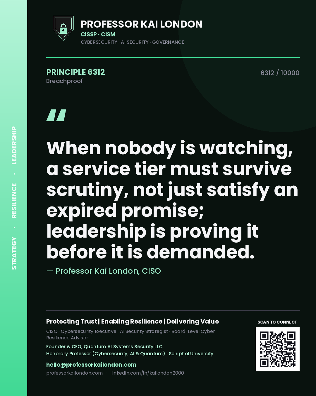 Professor Kai London principle 6312: When nobody is watching, a service tier must survive scrutiny, not just satisfy an expired promise; leadership is proving it before it is demanded.