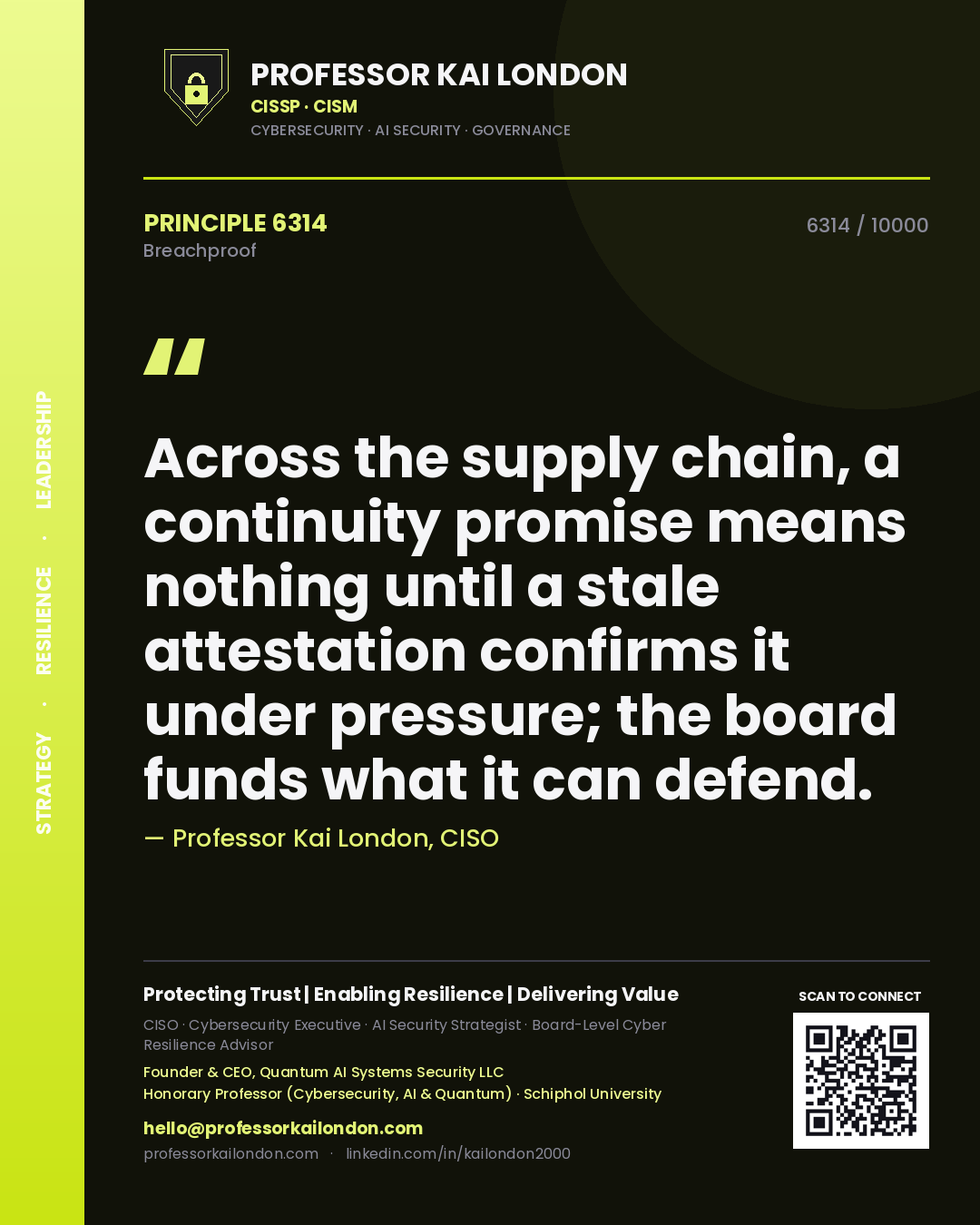 Quote card by Professor Kai London reading 'Across the supply chain, a continuity promise means nothing until a stale attestation confirms it under pressure; the board funds what it can defend.'. From the book Breachproof.