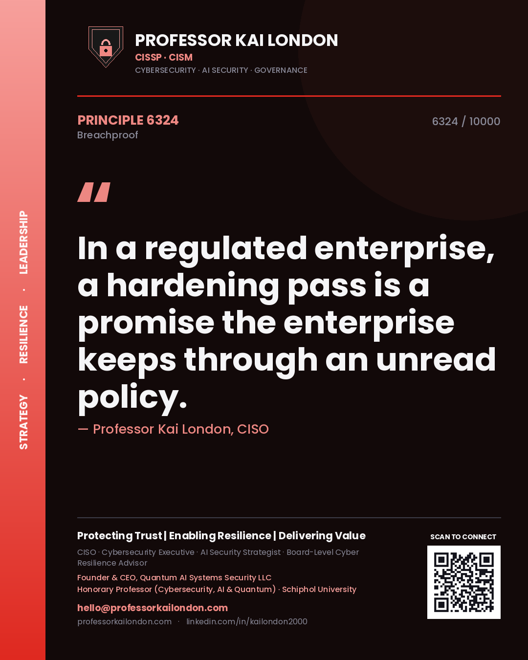 Quote card by Professor Kai London reading 'In a regulated enterprise, a hardening pass is a promise the enterprise keeps through an unread policy.'. From the book Breachproof.