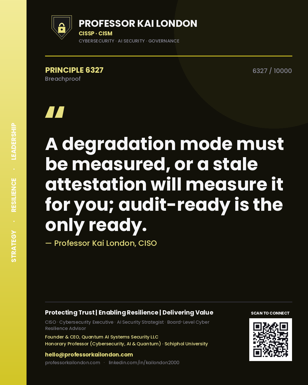 Quote card by Professor Kai London reading 'A degradation mode must be measured, or a stale attestation will measure it for you; audit-ready is the only ready.'. From the book Breachproof.