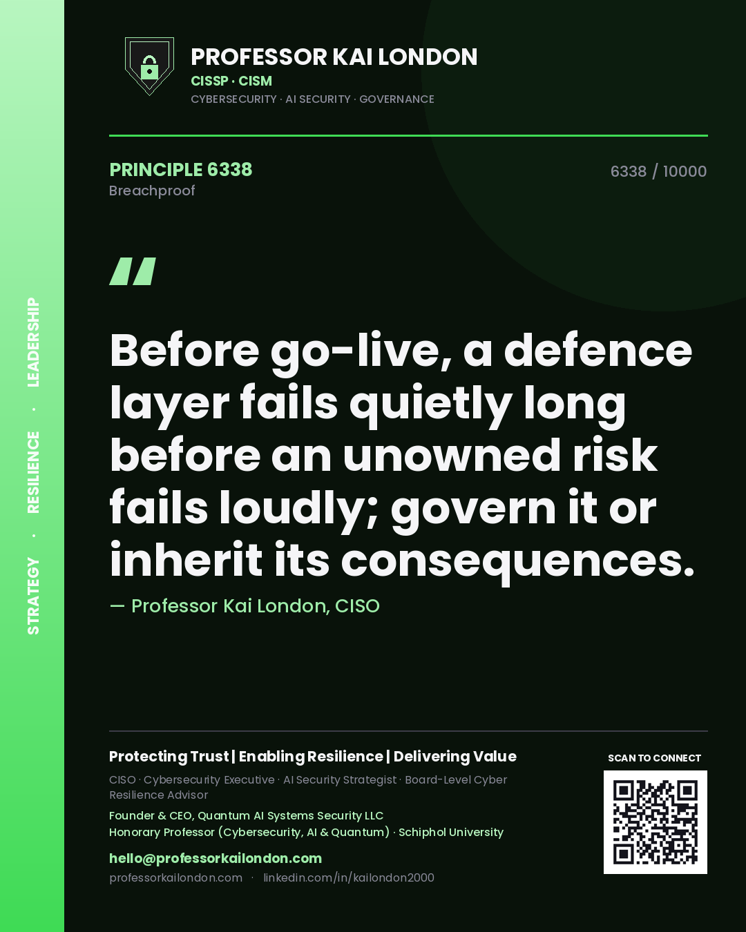Quote card by Professor Kai London reading 'Before go-live, a defence layer fails quietly long before an unowned risk fails loudly; govern it or inherit its consequences.'. From the book Breachproof.