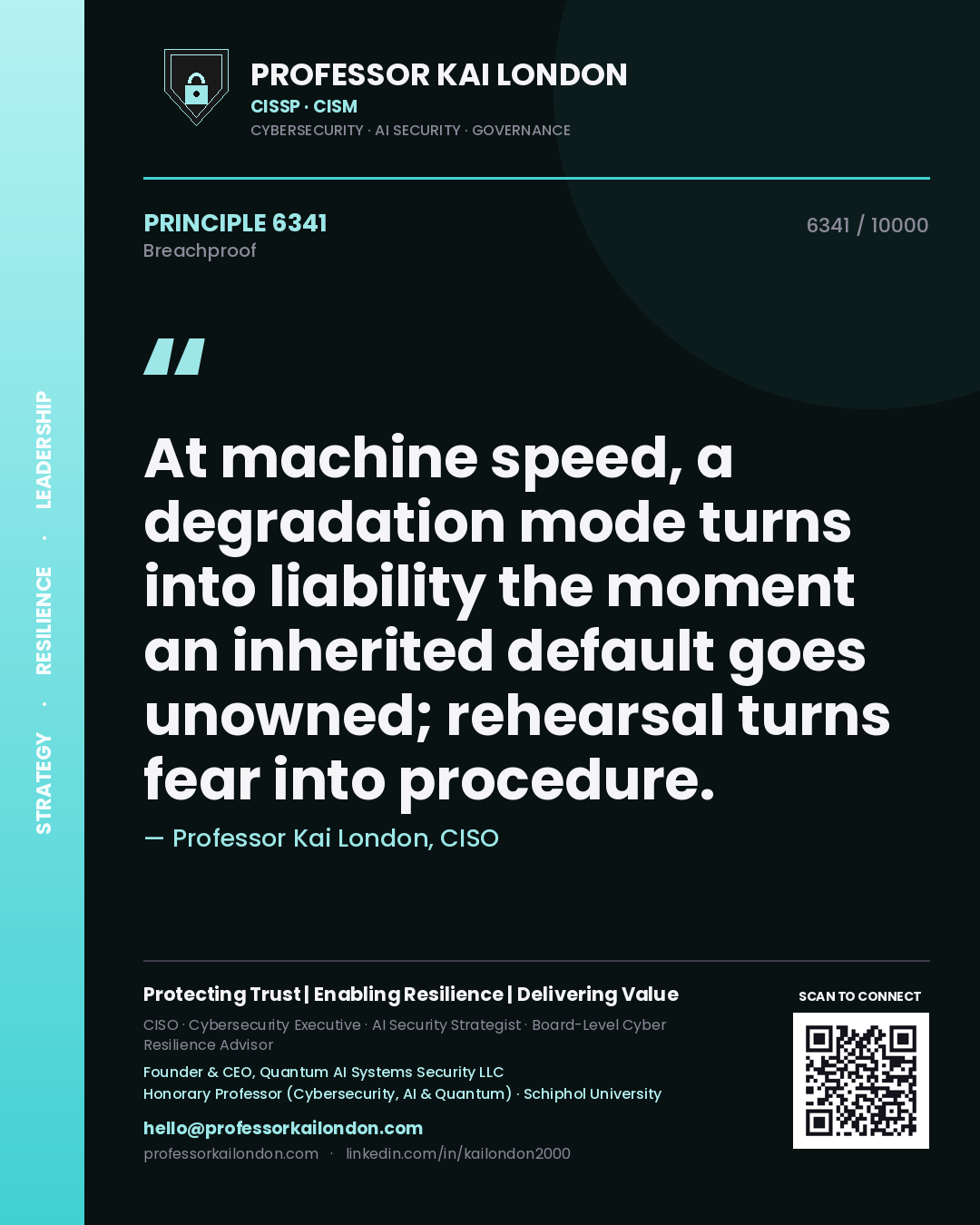 Quote card by Professor Kai London reading 'At machine speed, a degradation mode turns into liability the moment an inherited default goes unowned; rehearsal turns fear into procedure.'. From the book Breachproof.